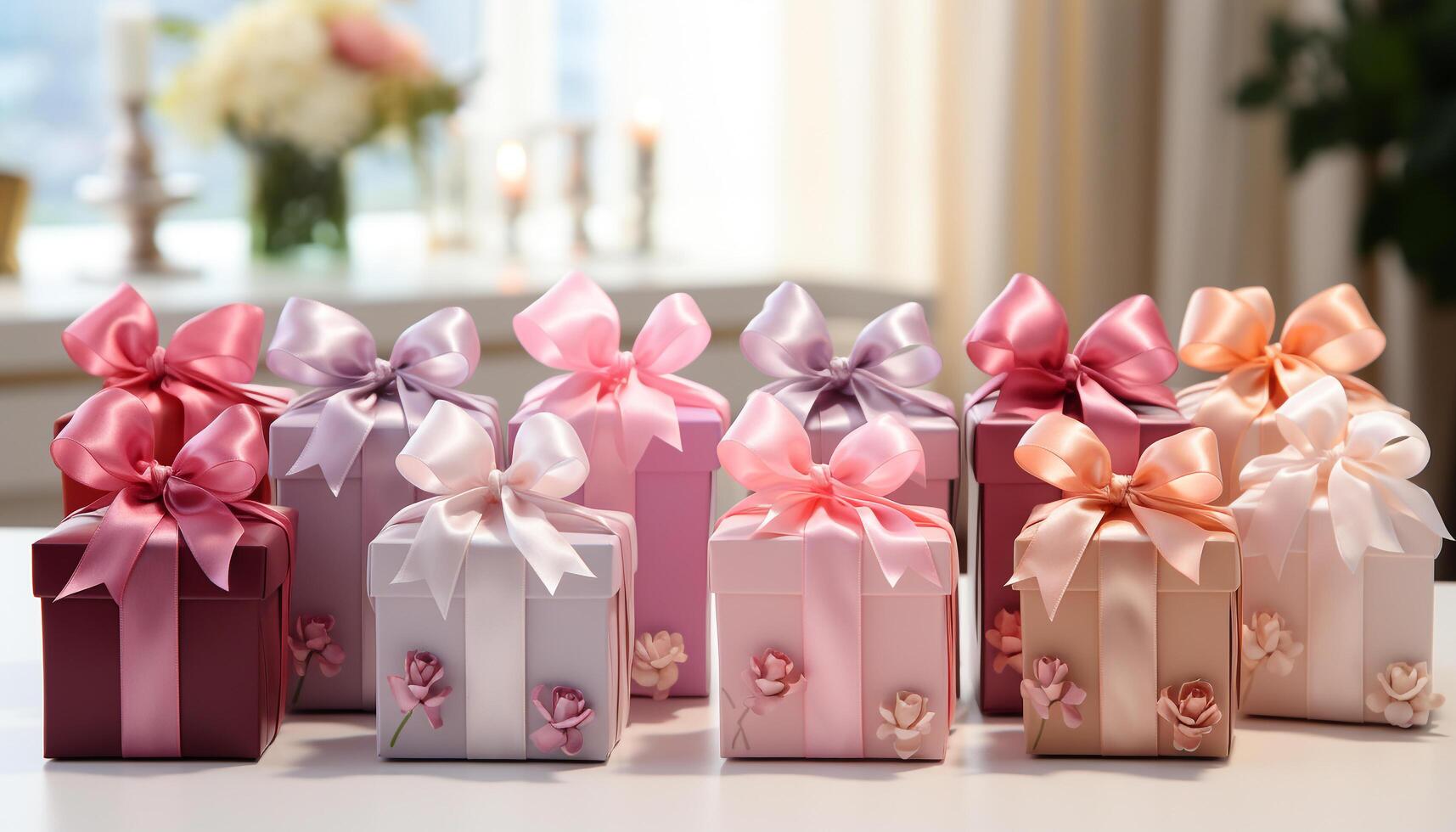 AI generated New collection of gift boxes in pink and purple colors generated by AI photo