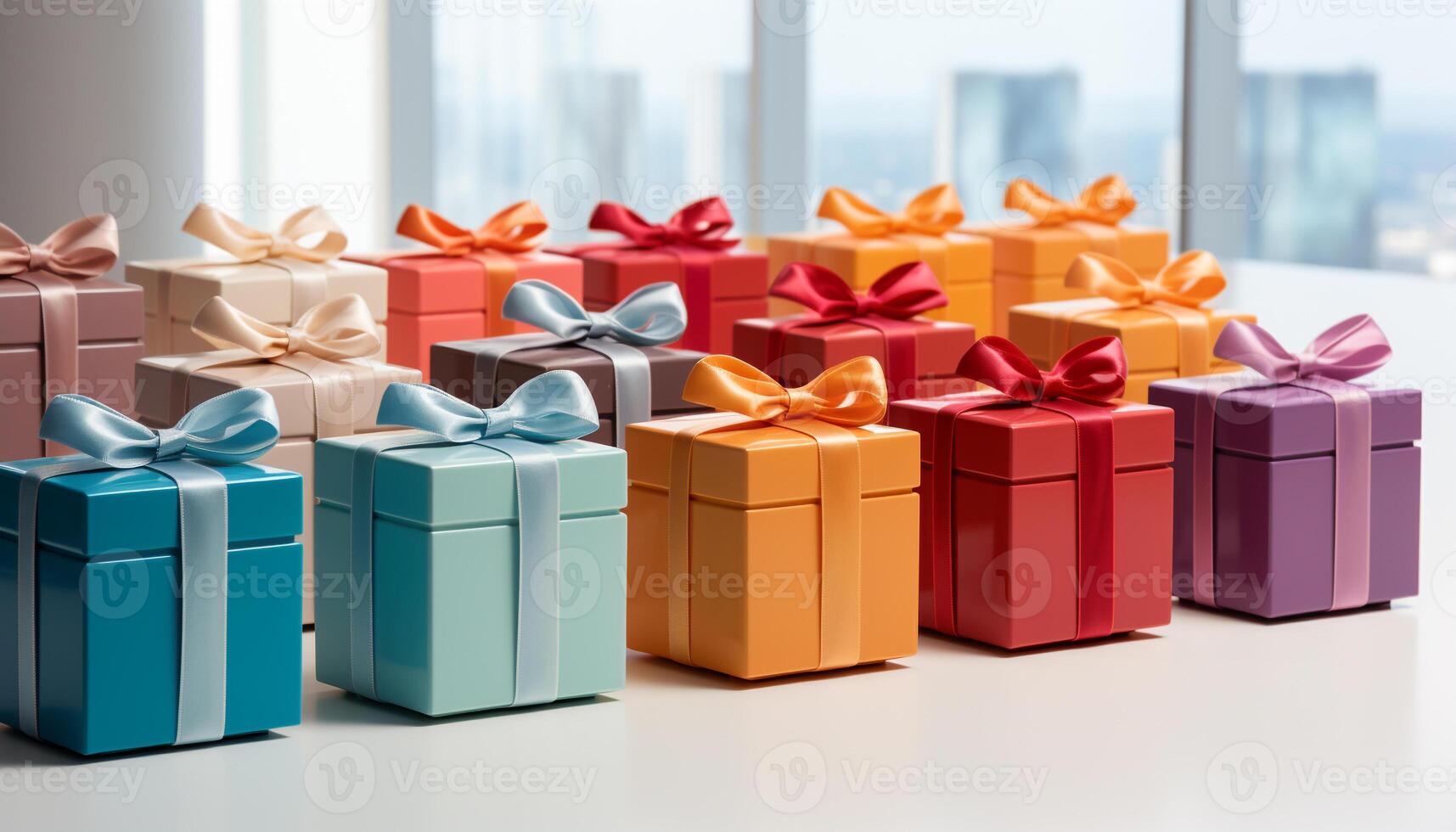 AI generated A large stack of wrapped gift boxes in various colors generated by AI photo