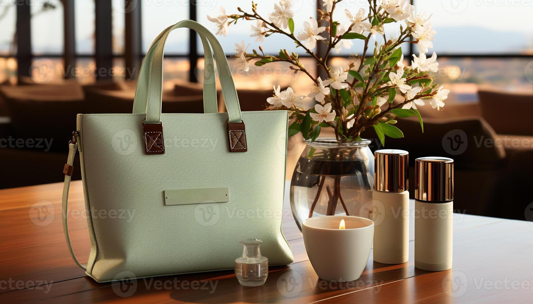 AI generated Elegant fashion indoors  bag, table, women, beauty, modern, decoration, flower, window, comfortable, glass generated by AI photo