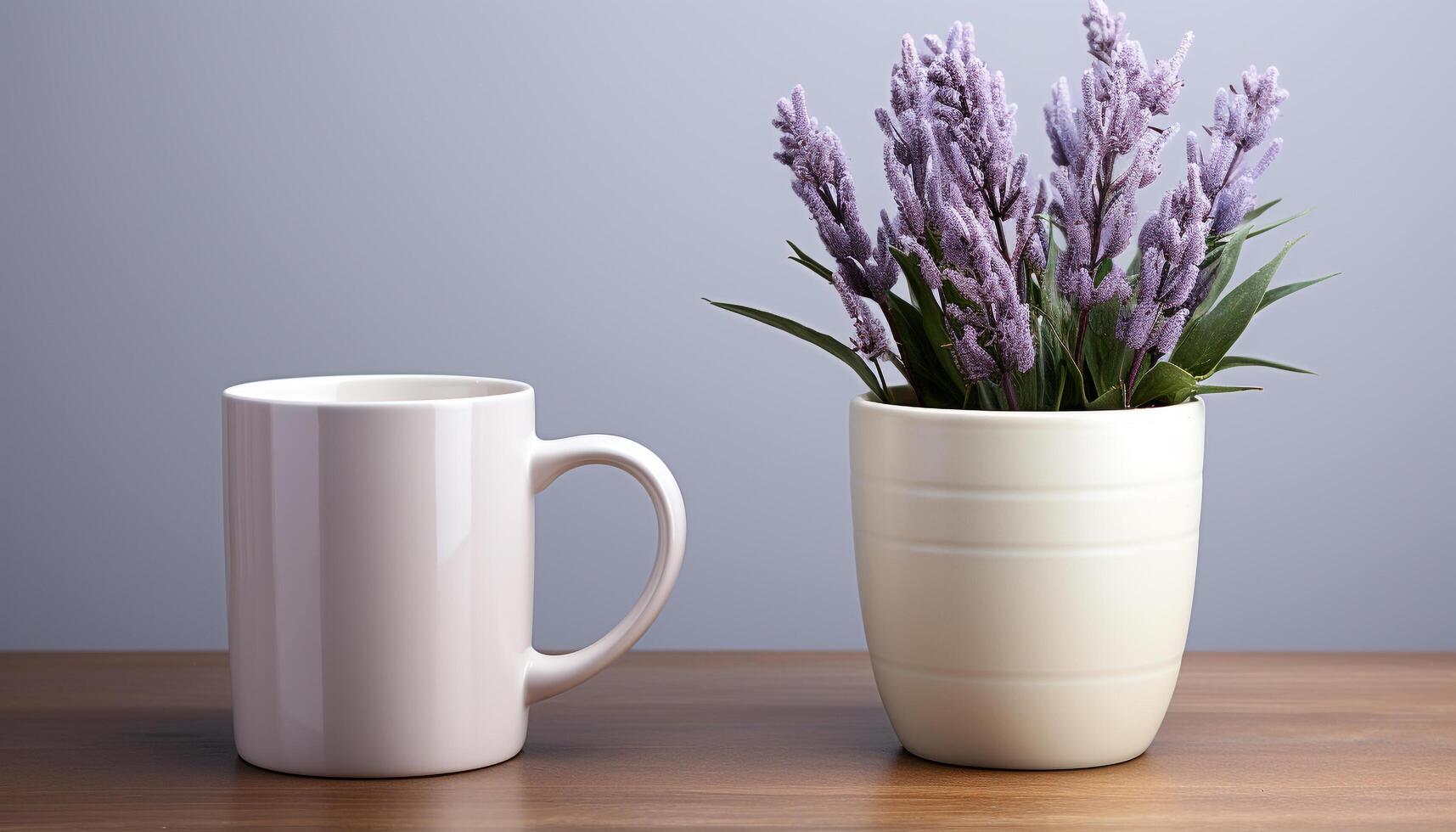 ai generado frescura de naturaleza adentro púrpura flor maceta en de madera mesa generado por ai foto