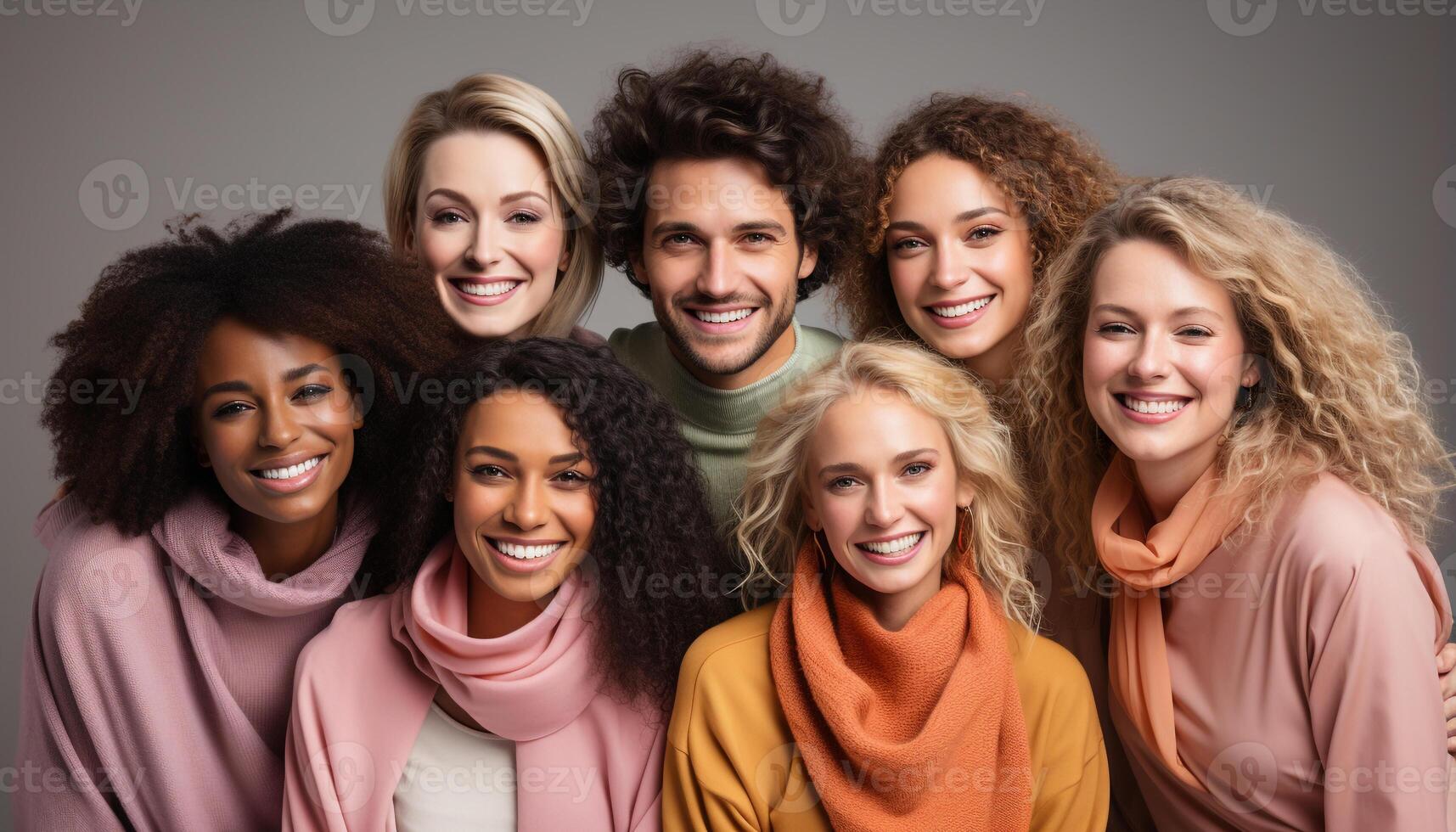 AI generated A group of cheerful young adults smiling and looking at camera generated by AI photo