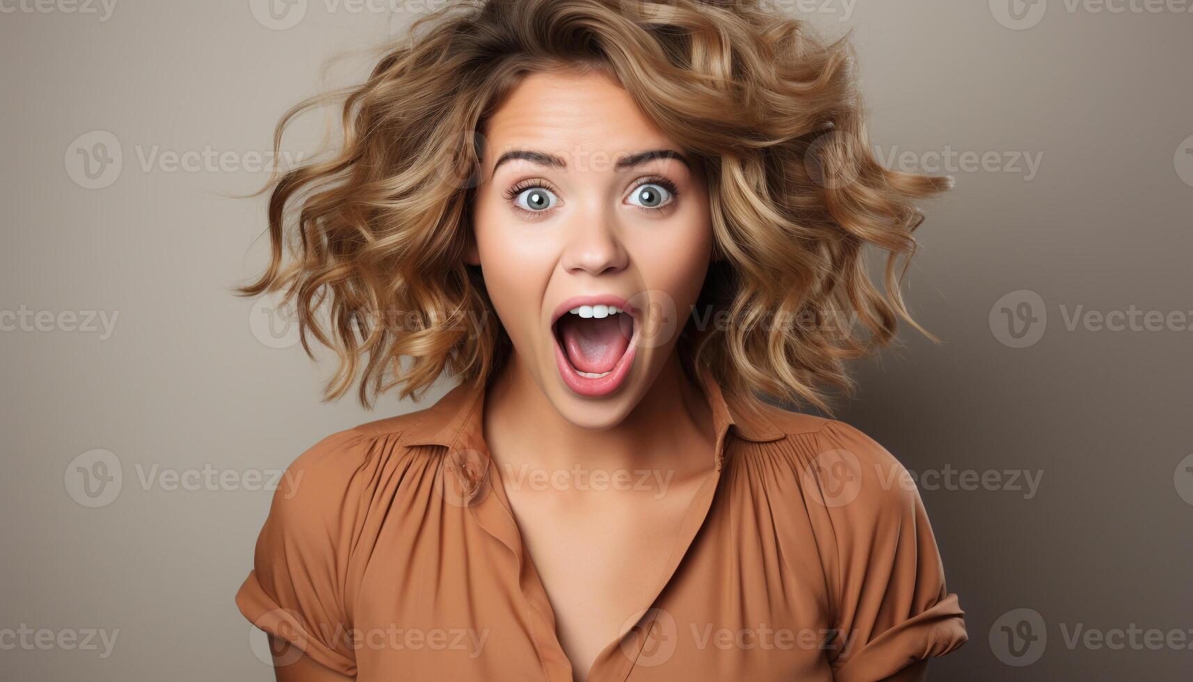 AI generated One beautiful woman with curly blond hair screaming in disbelief generated by AI photo