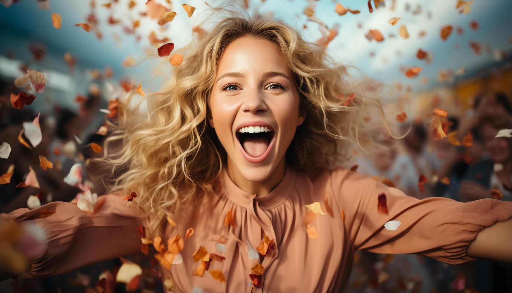 ai generado sonriente joven mujer disfruta otoño, lanzamiento hojas con emoción generado por ai foto