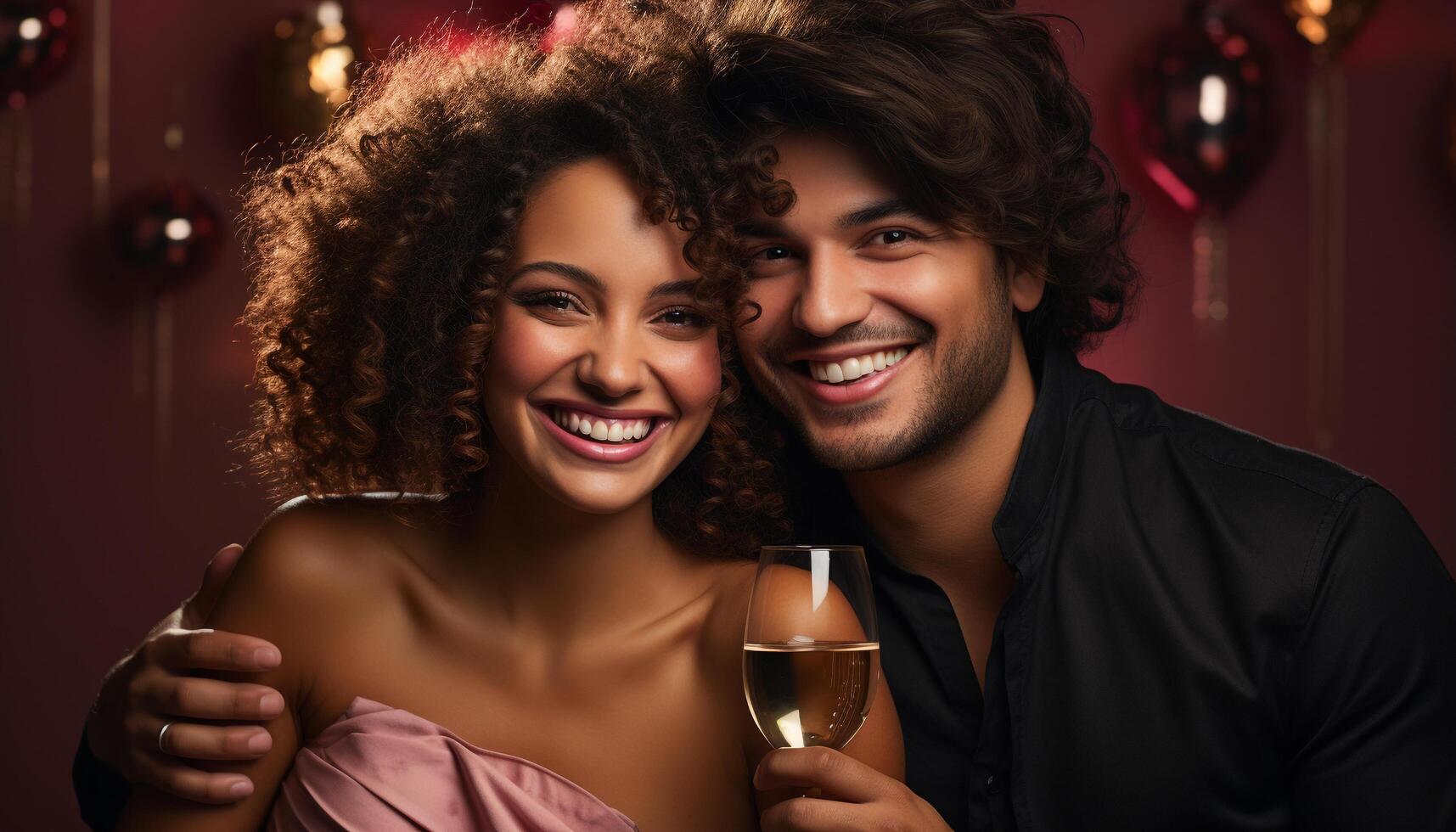 AI generated Two smiling adults enjoying a celebration, drinking champagne at home generated by AI photo