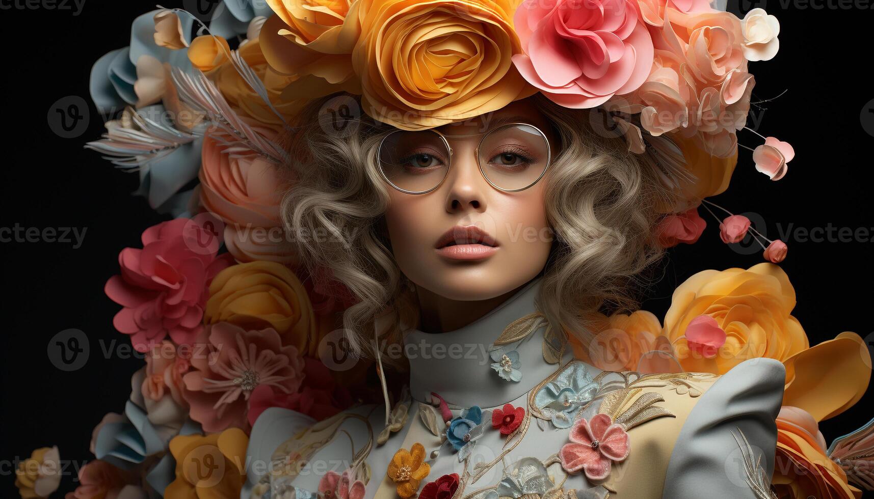 AI generated A beautiful blond fashion model with a flower in her hair generated by AI photo