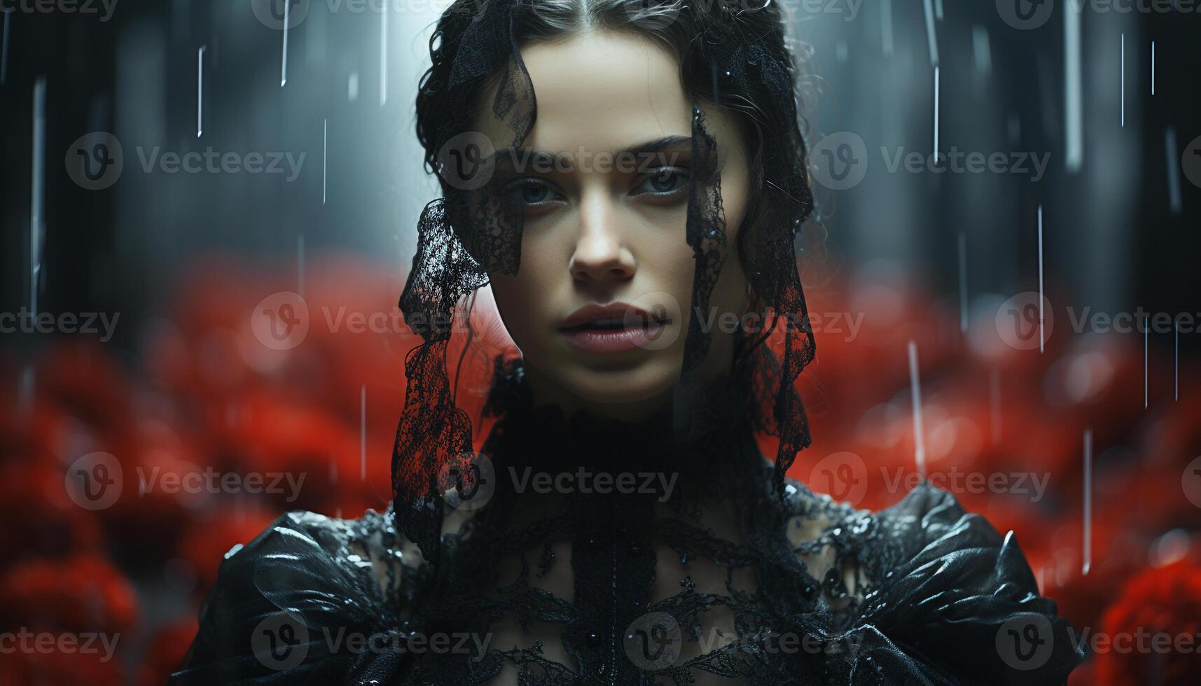 AI generated Beautiful woman with wet hair looking at camera in rain generated by AI photo