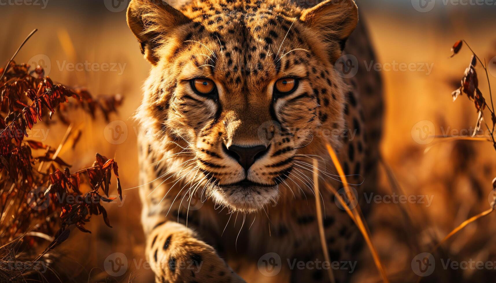 AI generated Majestic cheetah walking in the wilderness, staring at the sunset generated by AI photo