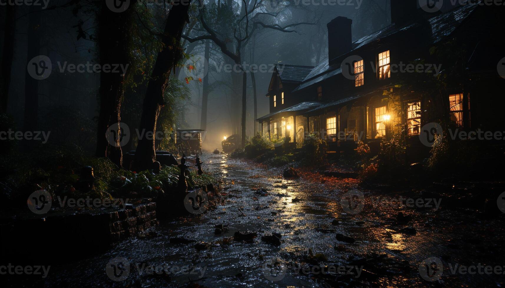 AI generated Spooky autumn night, dark forest, old building, mysterious lantern generated by AI photo