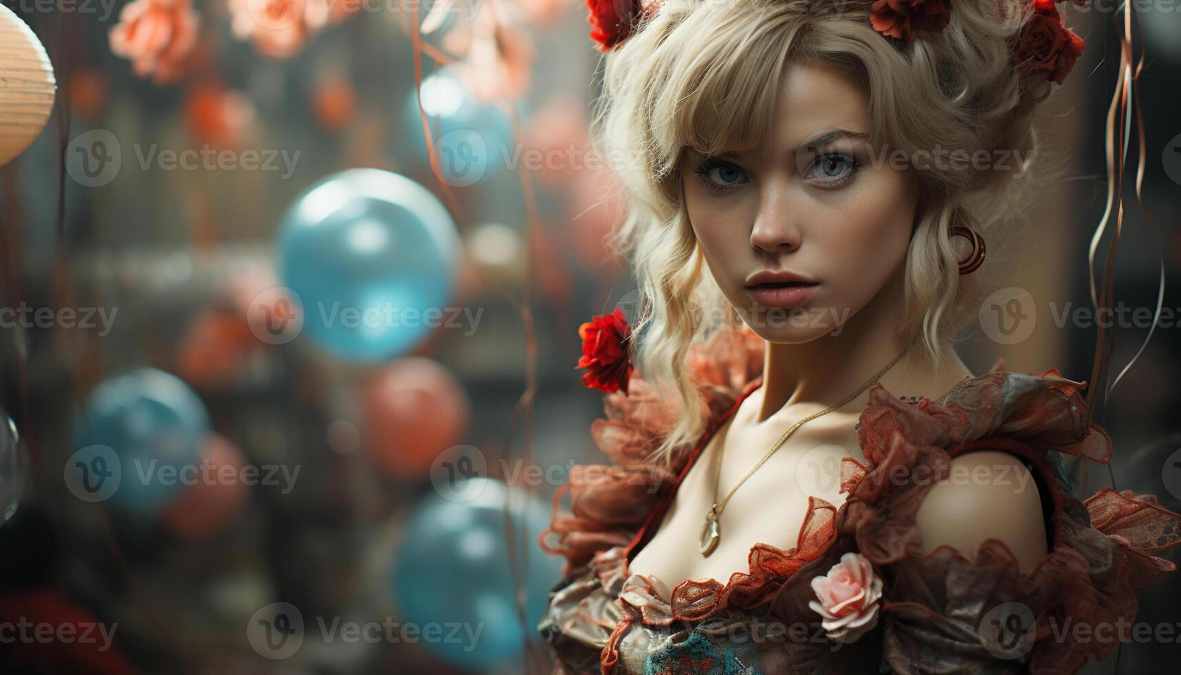 AI generated Beautiful adult woman with blond hair holding a flower gift generated by AI photo