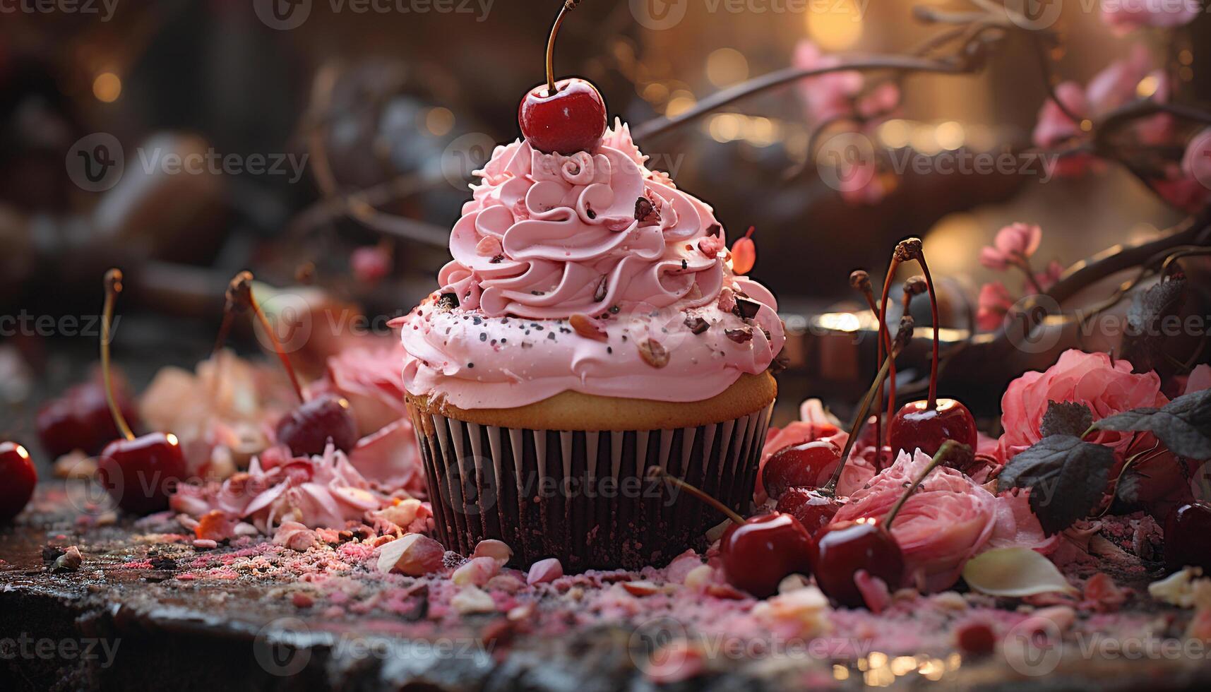 AI generated Gourmet cupcake with fresh strawberry icing, a sweet indulgence generated by AI photo