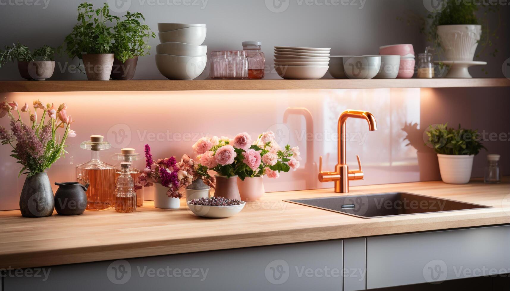 AI generated Modern kitchen with clean design, fresh flowers, and elegant decor generated by AI photo