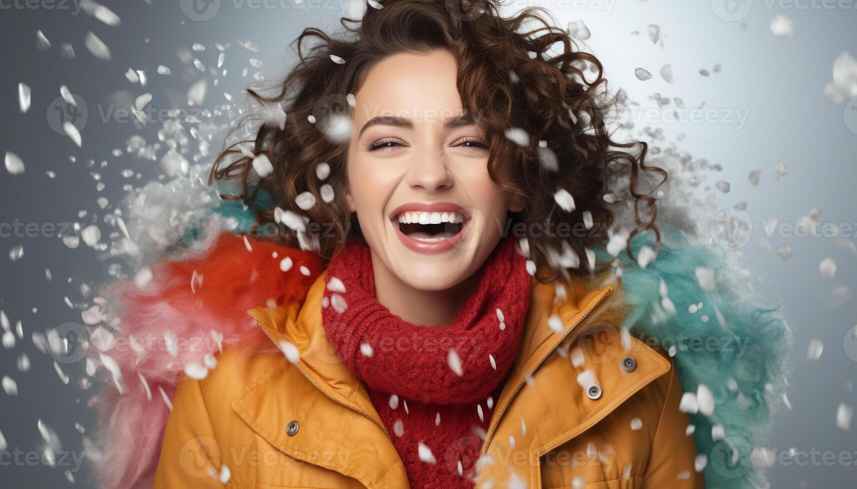 AI generated Smiling woman in winter, enjoying snow, radiating happiness and beauty generated by AI photo