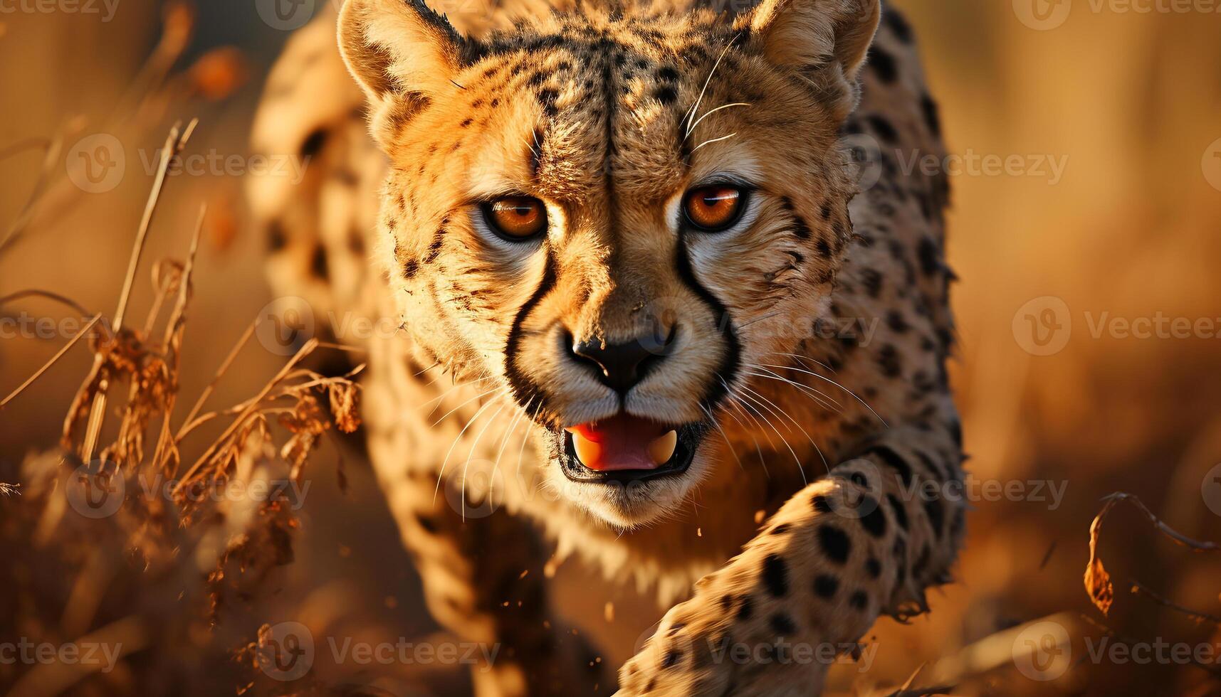 ai generado majestuoso leopardo en el salvaje, mirando a cámara, puesta de sol fondo generado por ai foto