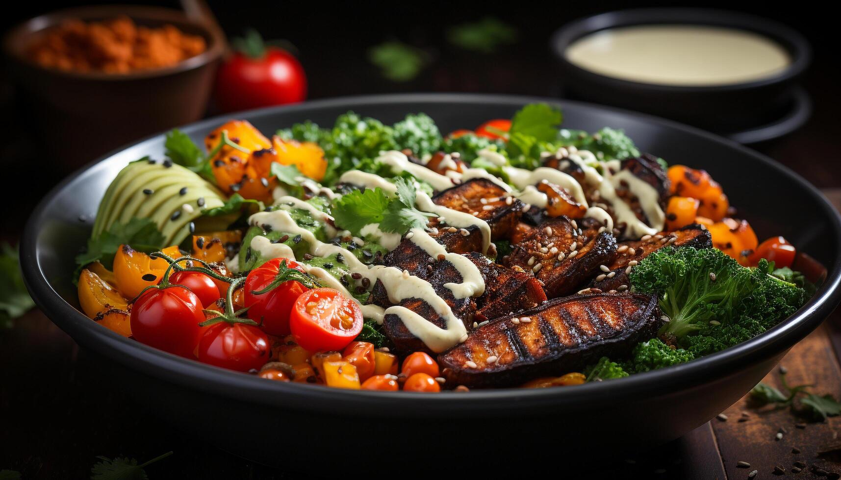 ai generado A la parrilla carne y vegetales en un fresco, sano almuerzo plato generado por ai foto