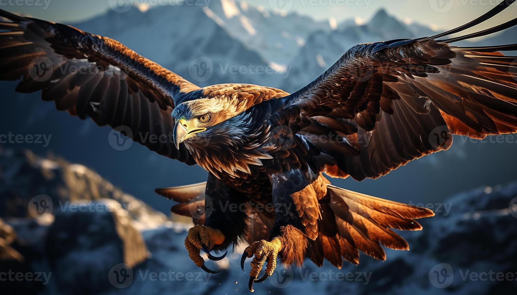 AI generated Majestic hawk soars, spreading wings, in tranquil mountain landscape generated by AI photo