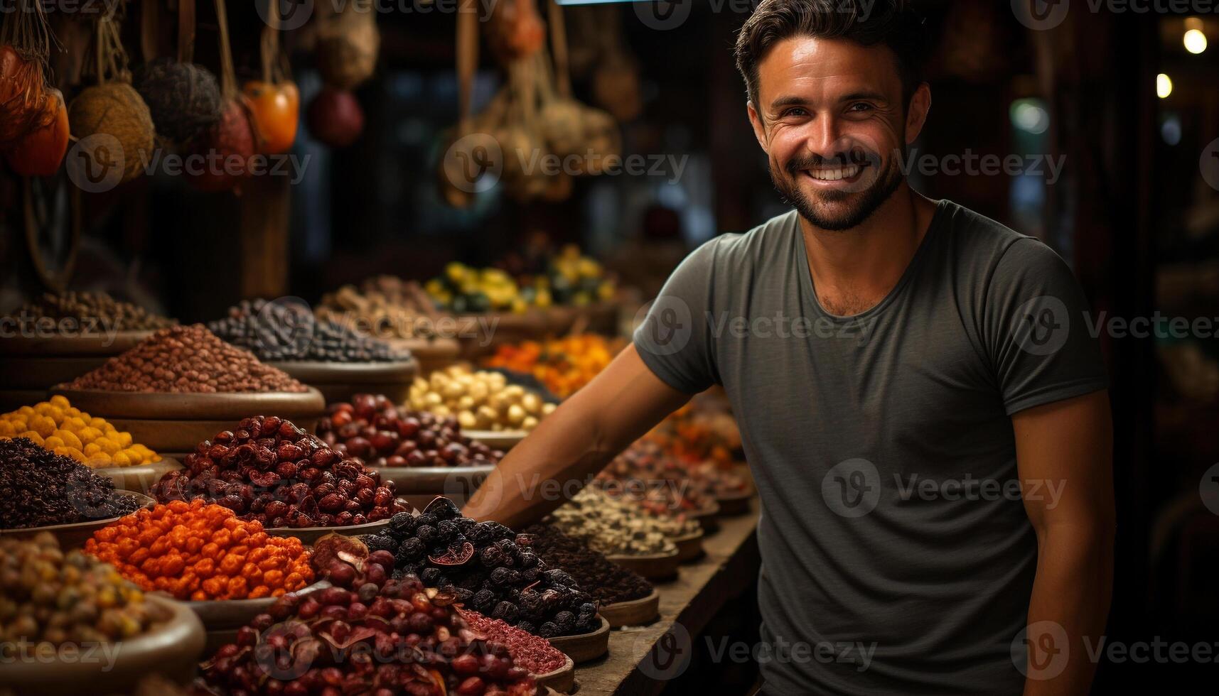 AI generated A confident man selling fresh organic fruit, smiling at customers generated by AI photo