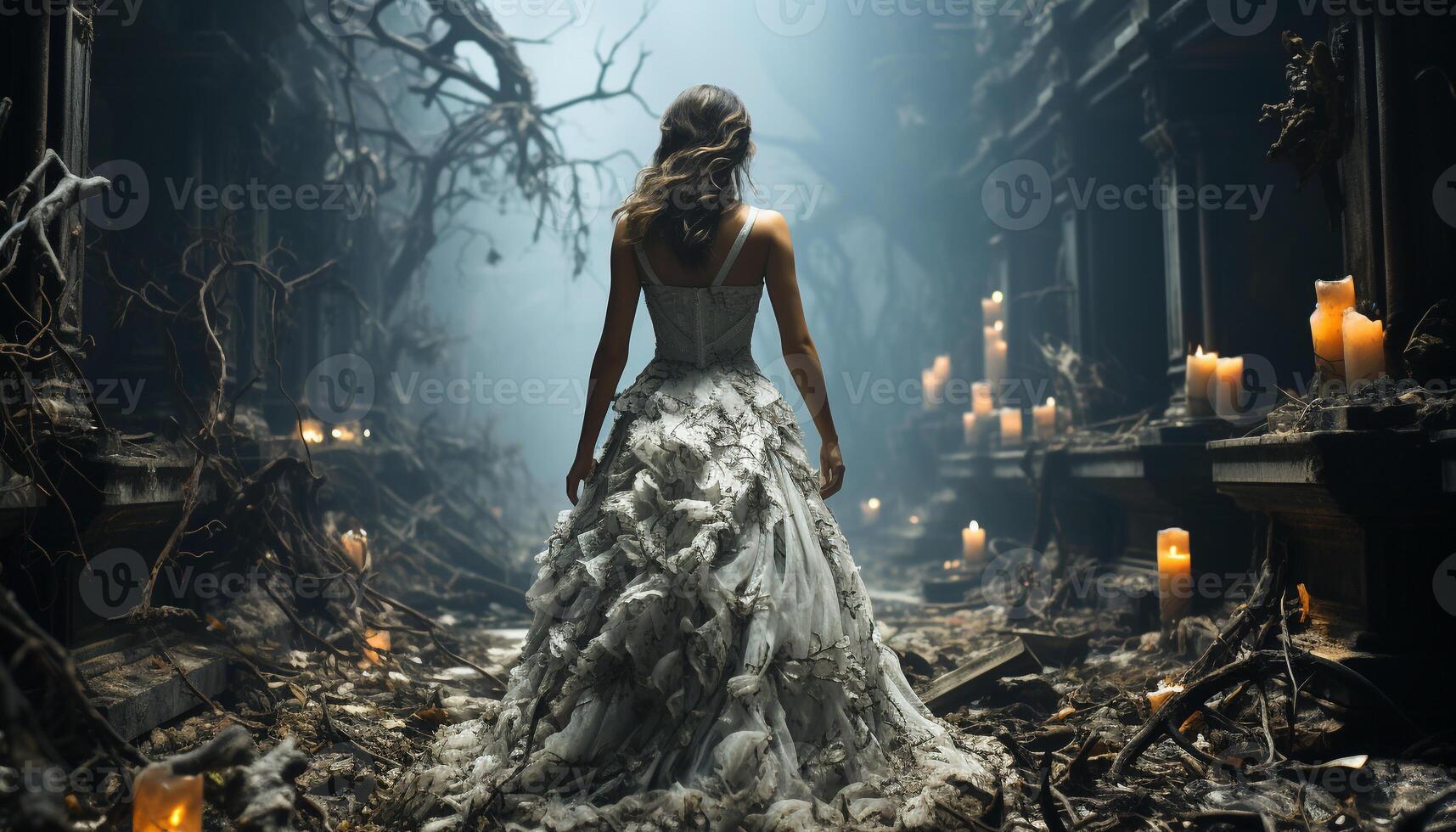 AI generated A spooky Halloween night, a young adult woman in a dark dress, surrounded by the beauty of nature, embraces the mystery of the forest, embodying elegance and sensuality generated by AI photo