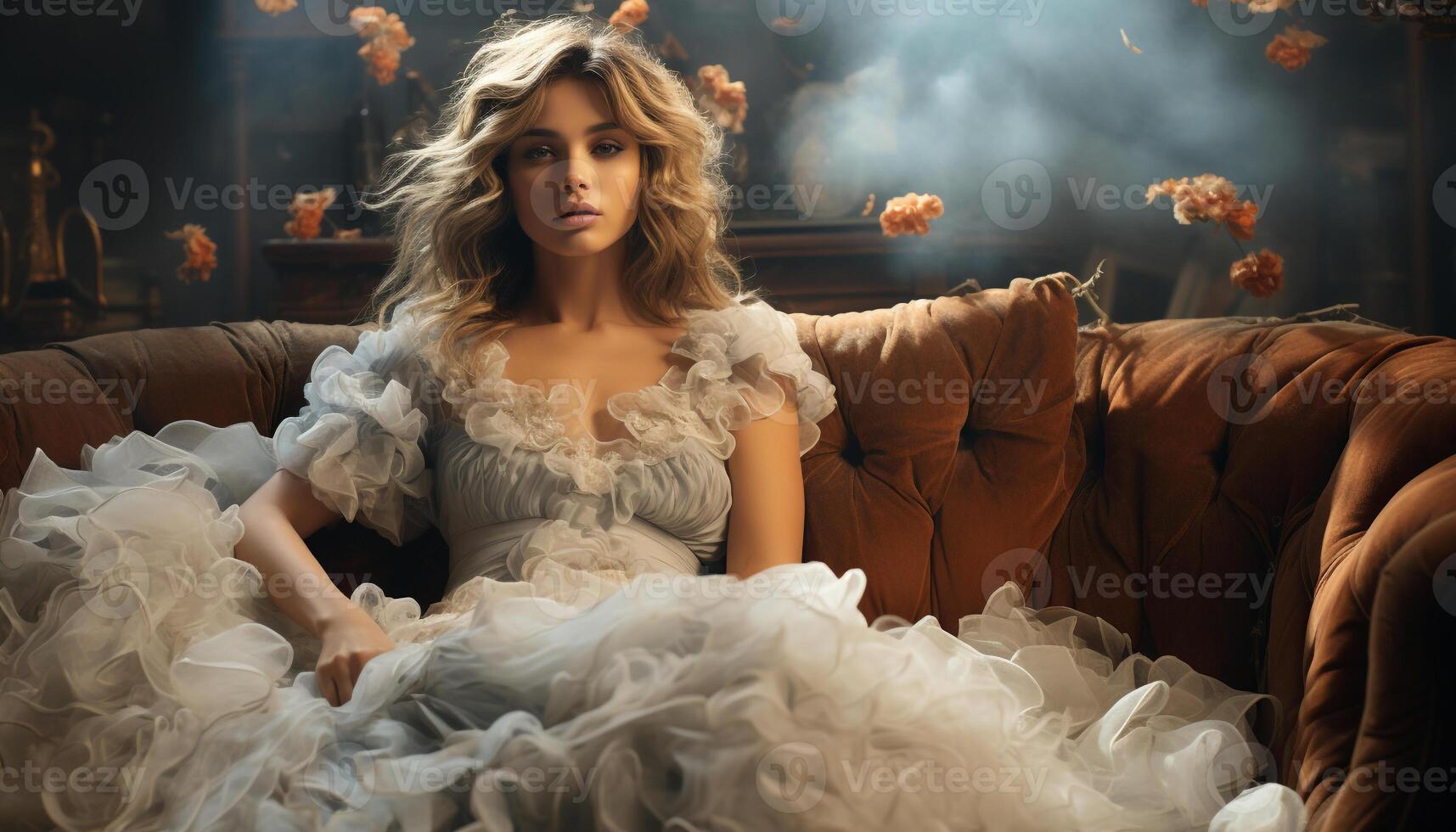 AI generated Young adult Caucasian woman in wedding dress, sitting on sofa generated by AI photo