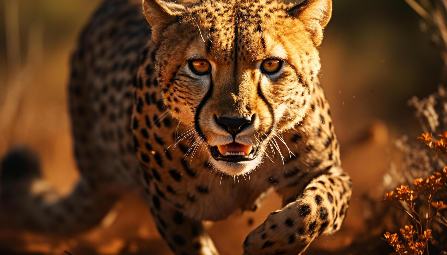 AI generated Majestic cheetah walking in African wilderness, beauty in nature generated by AI photo