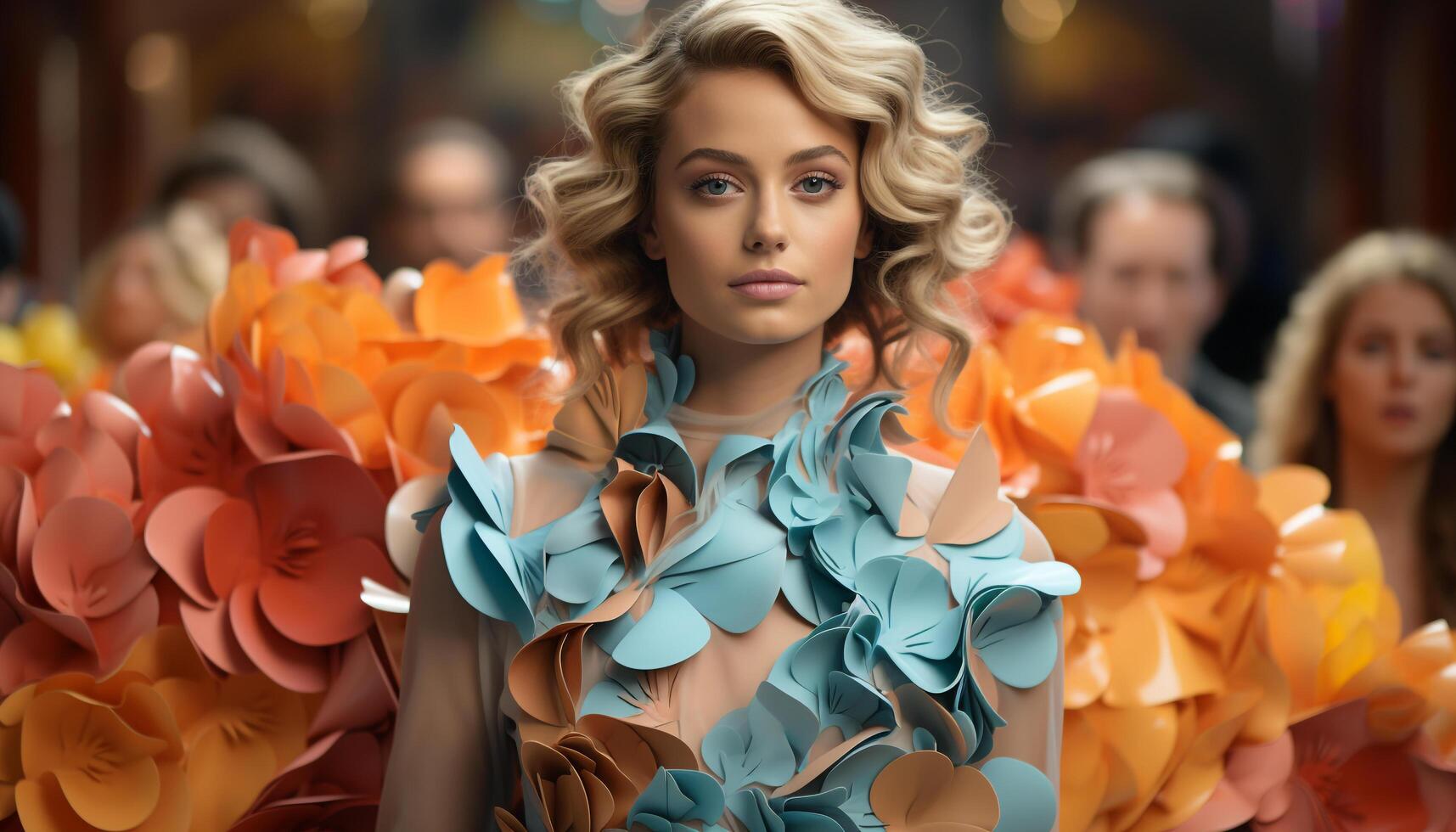 AI generated A beautiful young woman in a yellow dress, smiling happily generated by AI photo