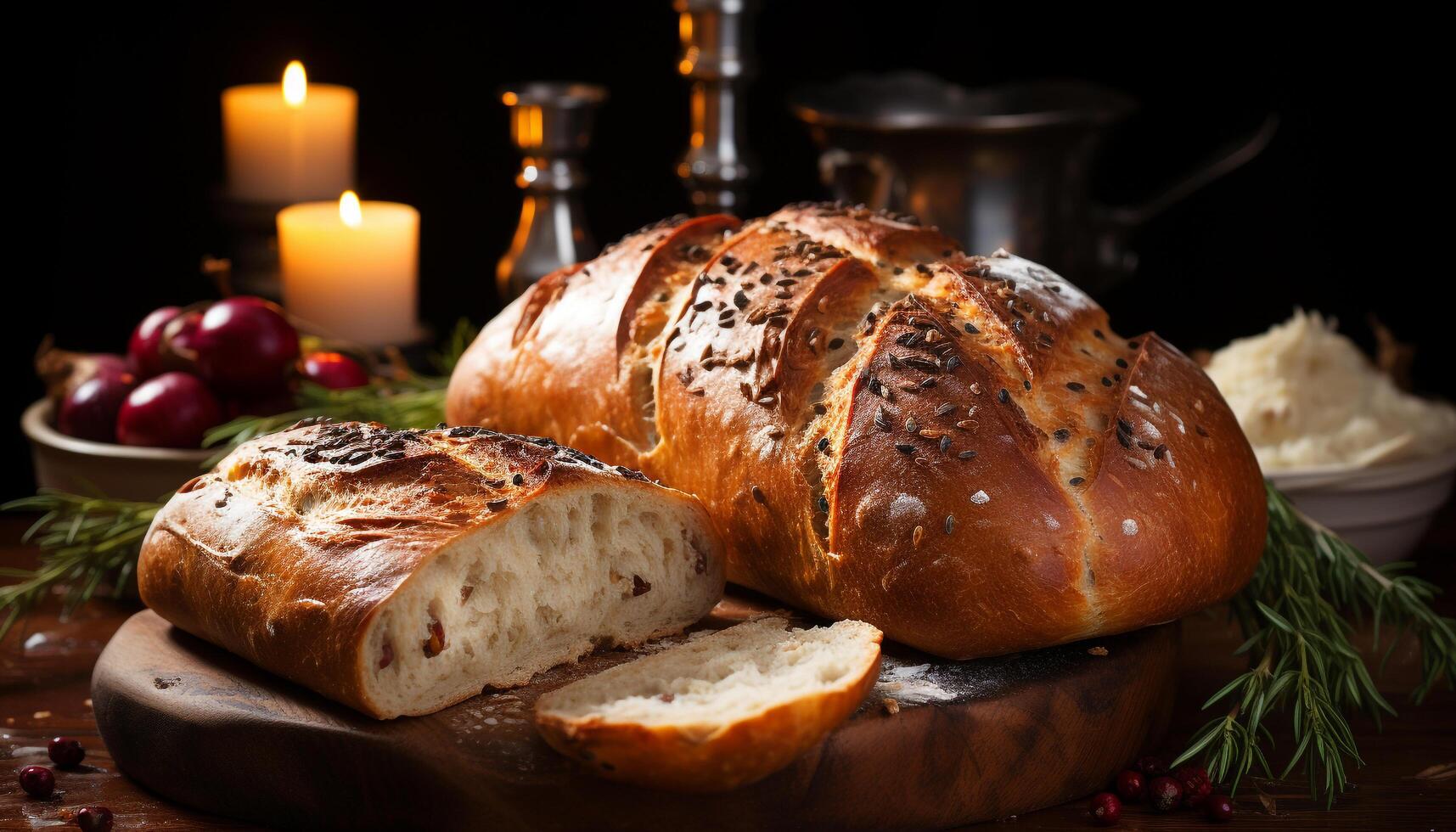 AI generated Freshly baked homemade bread on a rustic wooden table generated by AI photo