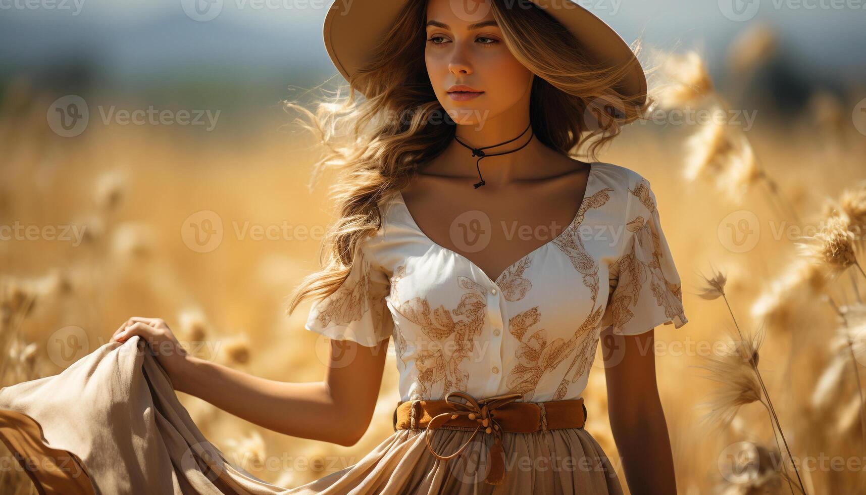 AI generated Young woman enjoying the outdoors, smiling in the autumn meadow generated by AI photo