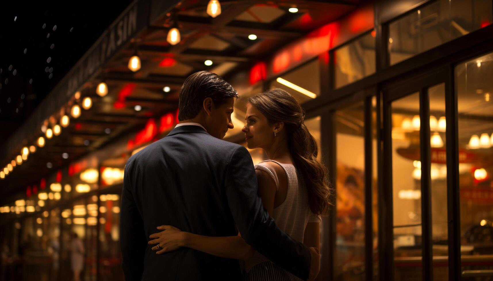 AI generated Young couple embracing, smiling, enjoying city nightlife, illuminated by streetlights generated by AI photo