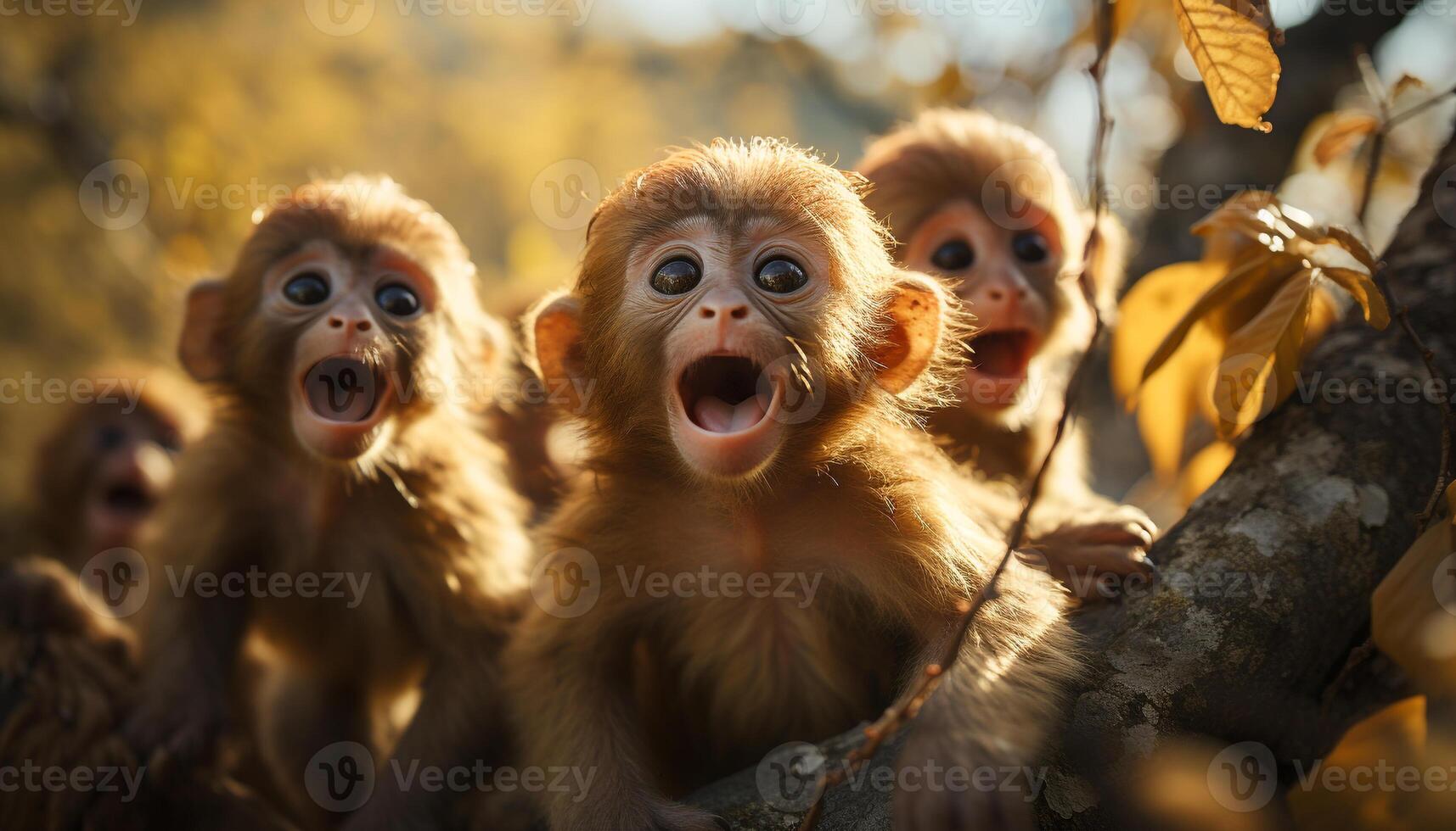 AI generated Cute monkey playing in the forest, smiling and screaming happily generated by AI photo