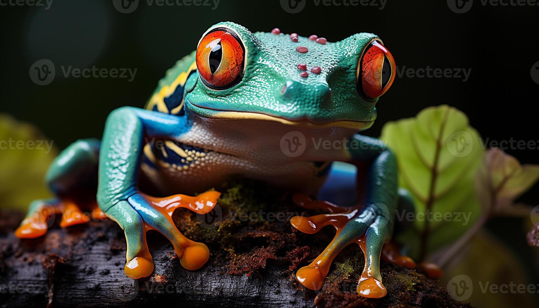 AI generated Red eyed tree frog sitting on a leaf in tropical rainforest generated by AI photo