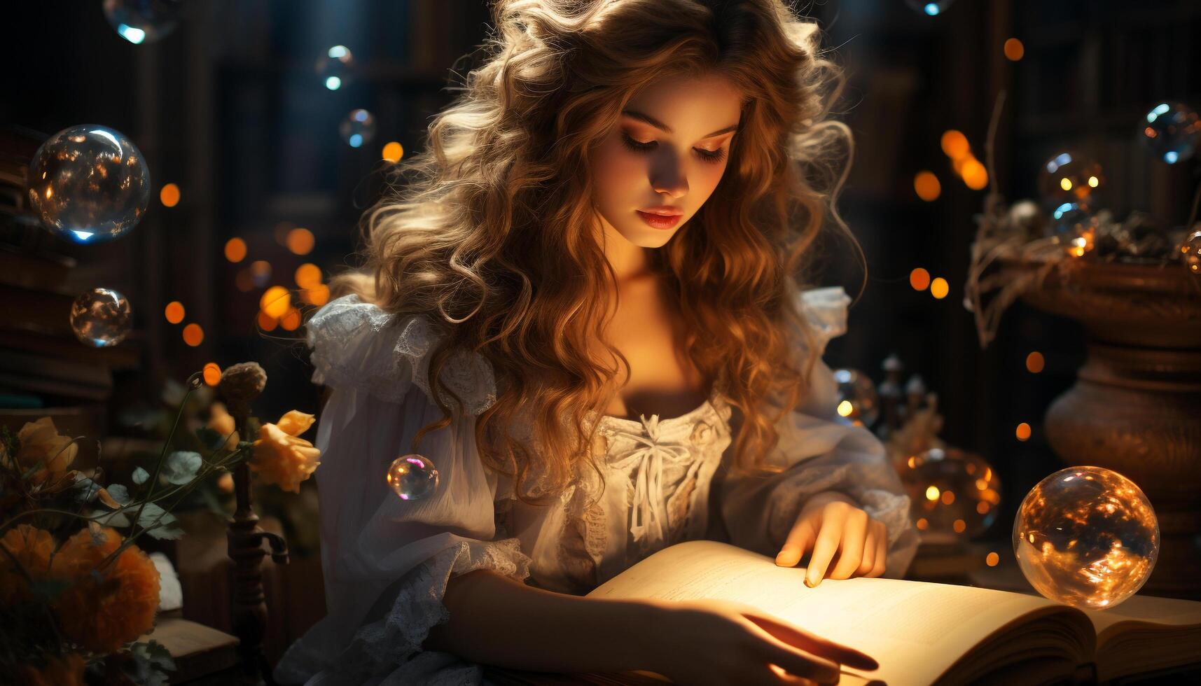 AI generated A cute woman reading, smiling, surrounded by glowing Christmas decorations generated by AI photo