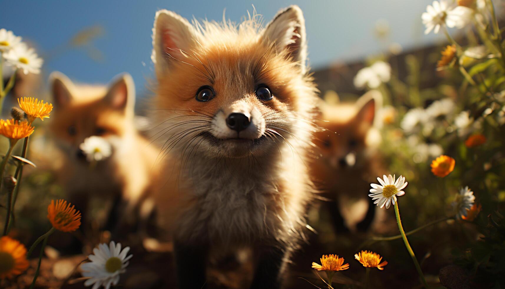 AI generated Cute puppy and kitten playing in the sunny meadow generated by AI photo