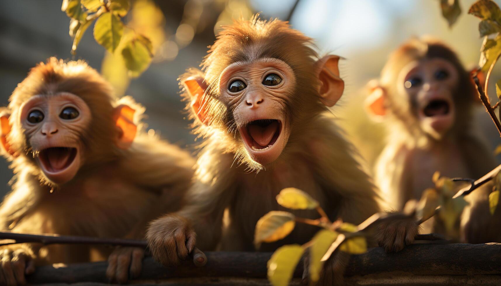 AI generated Cute baby monkey sitting in forest, playing with friends generated by AI photo