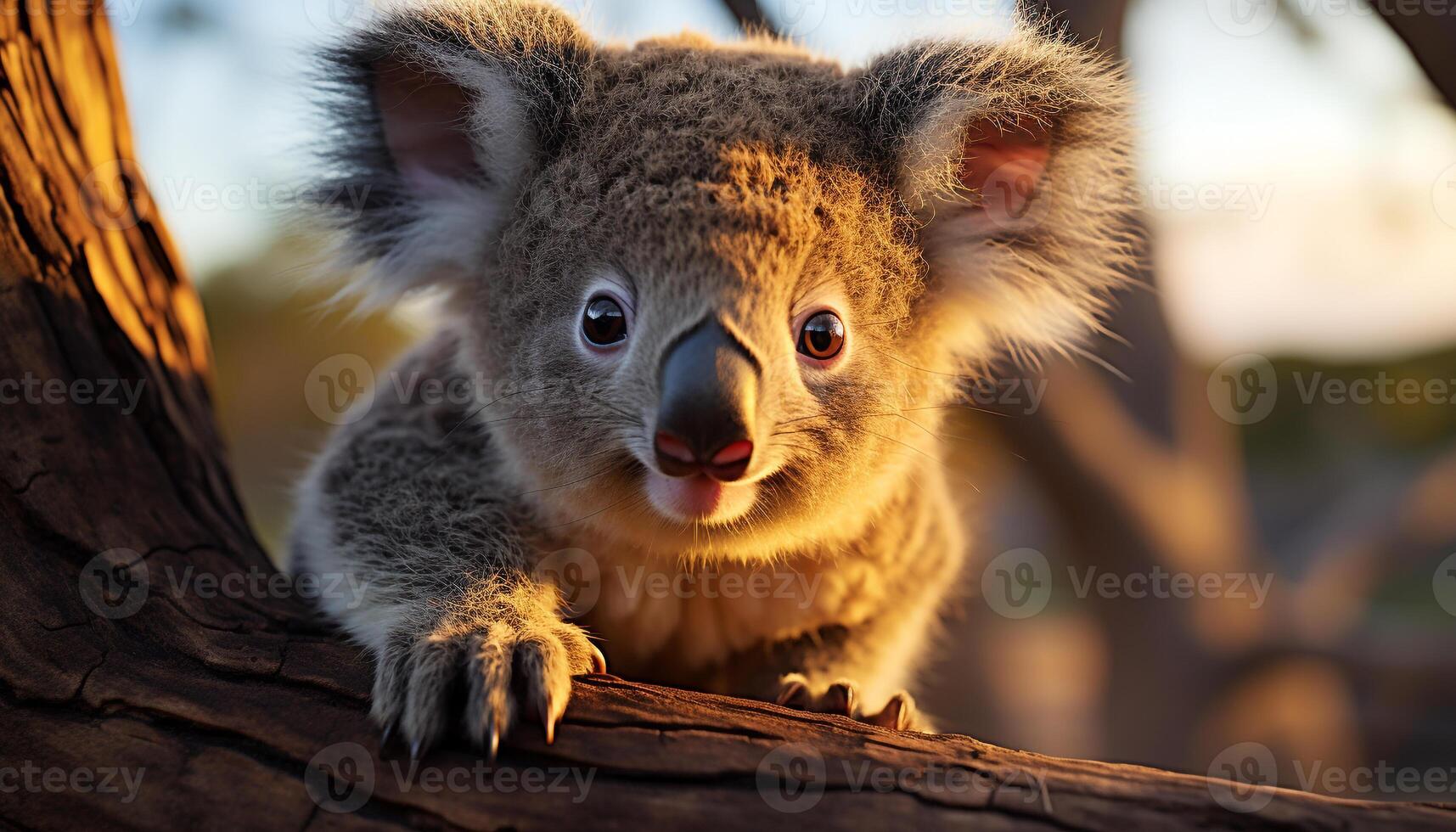 AI generated Cute koala sitting on tree branch, looking at camera generated by AI photo