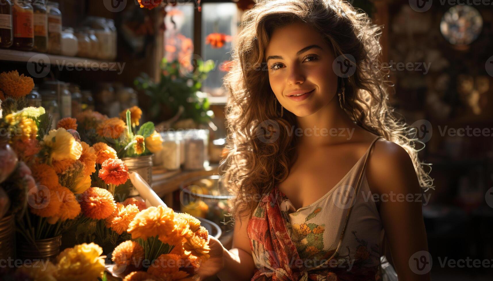 ai generado uno hermosa mujer, sonriente, mirando a cámara, participación flor generado por ai foto