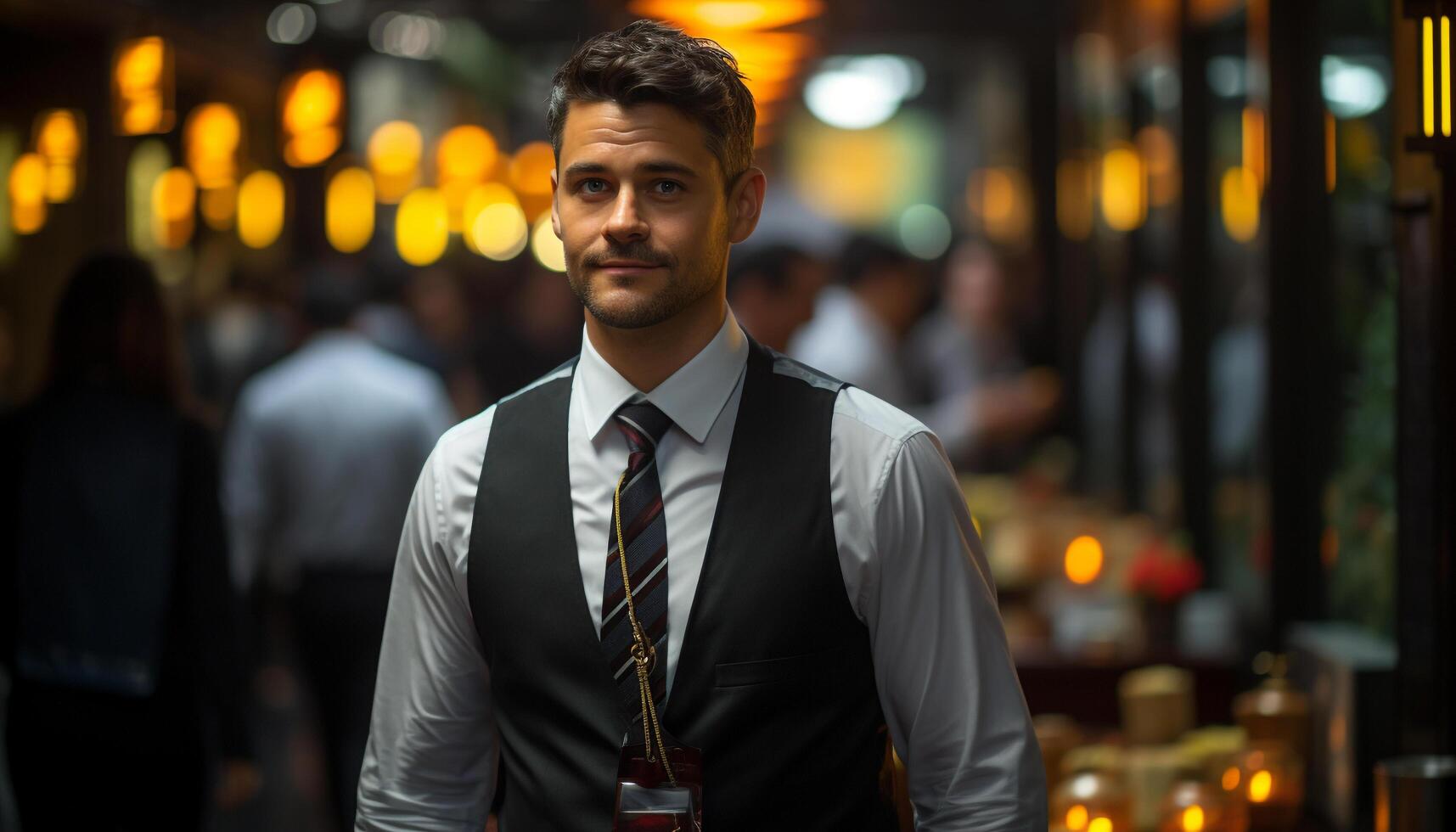 AI generated Confident businessman in suit, standing outdoors, looking at camera generated by AI photo