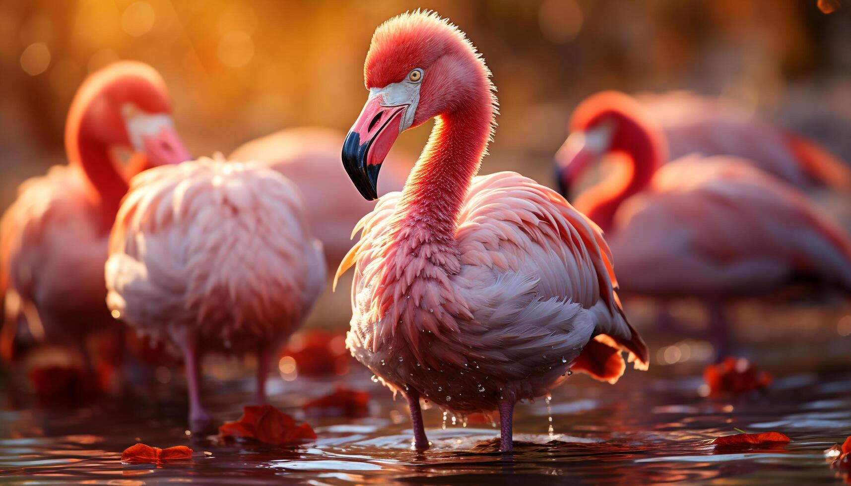 ai generado vibrante multi de colores pájaro en pie en tranquilo agua, reflejando belleza generado por ai foto