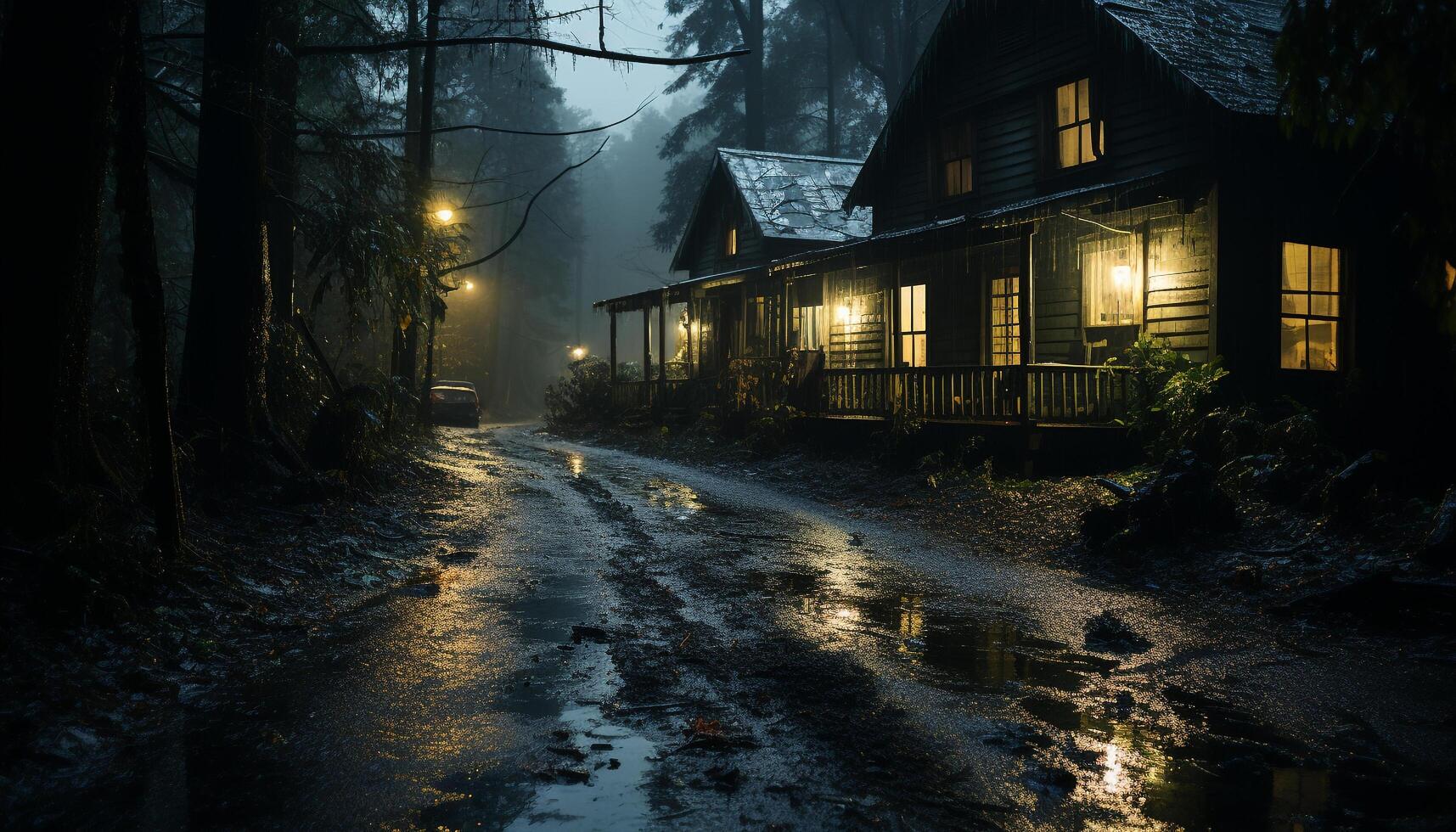 AI generated Spooky winter night dark forest, abandoned cottage, mysterious lantern generated by AI photo
