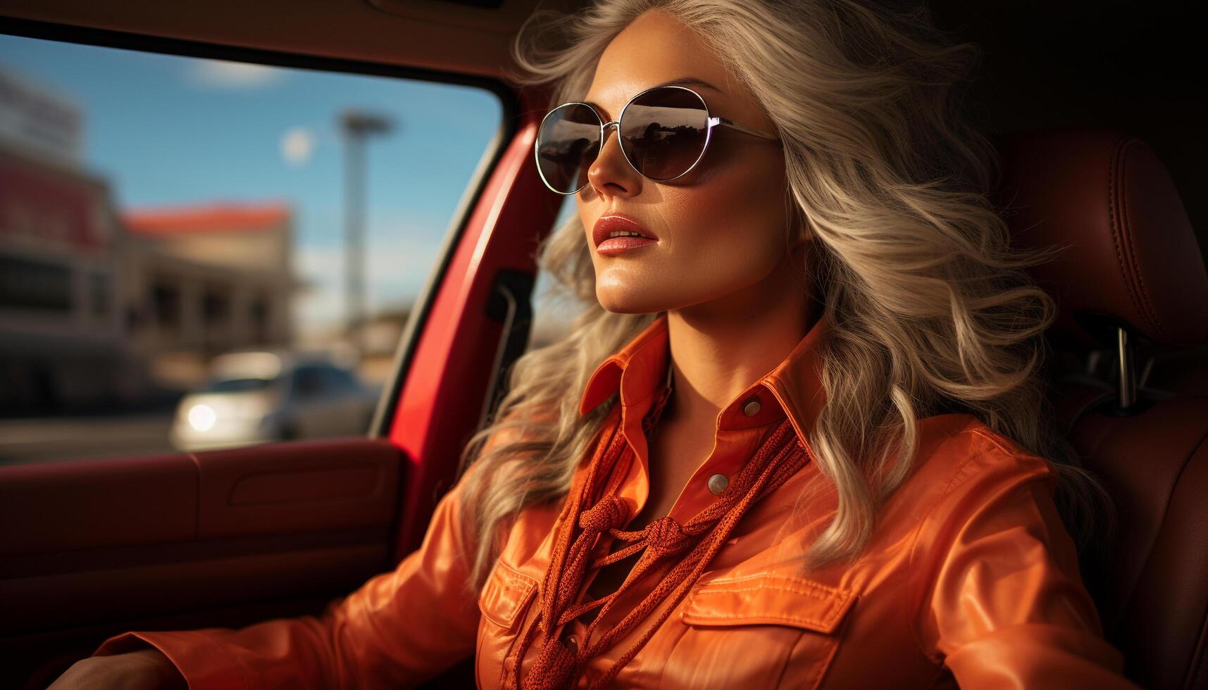 AI generated Young woman driving car, wearing sunglasses, looking confident and fashionable generated by AI photo