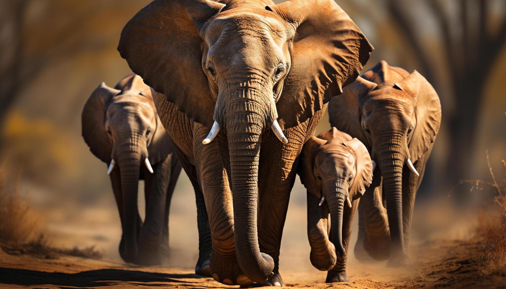 AI generated Large herd of African elephants walking in the African savannah generated by AI photo