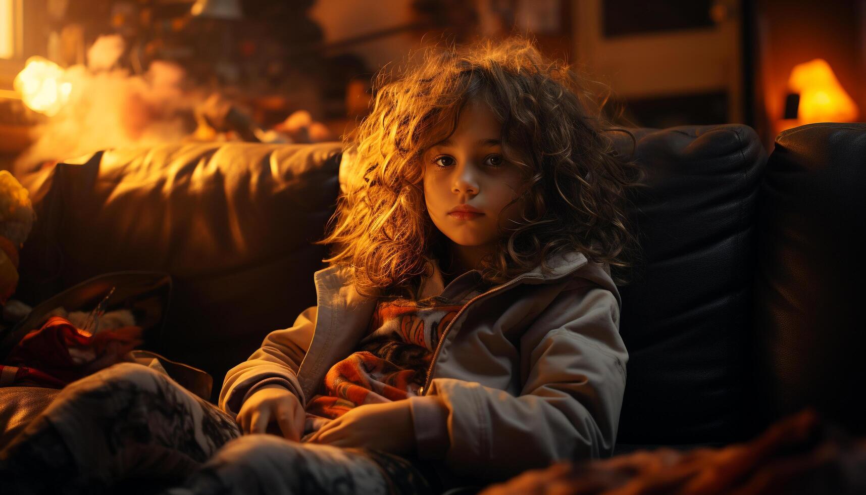 AI generated Cute girl sitting on sofa, smiling, enjoying cozy family time generated by AI photo