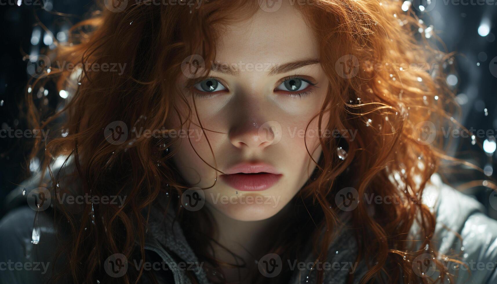 AI generated Young woman with long brown hair looking at camera outdoors generated by AI photo