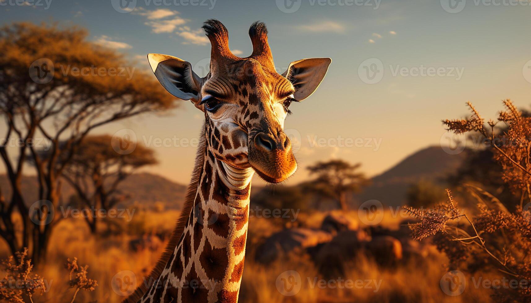 ai generado jirafa de pie, mirando a cámara, en africano sabana a puesta de sol generado por ai foto