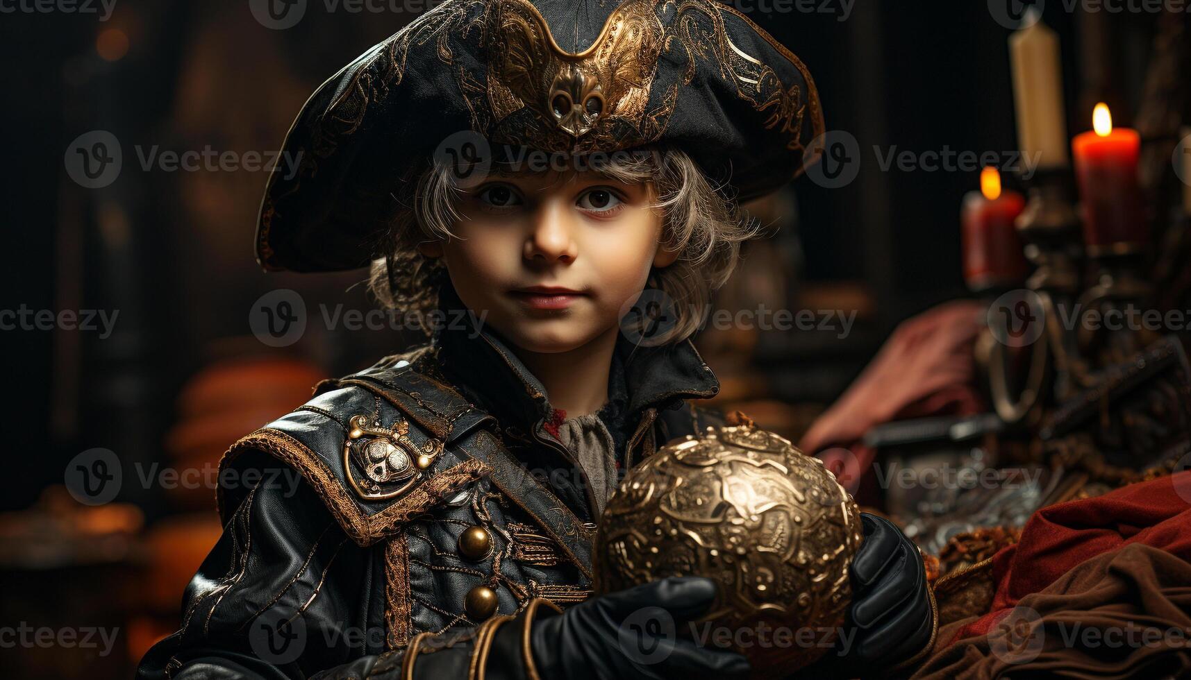 AI generated Cute child playing outdoors, dressed as pirate, holding sword generated by AI photo