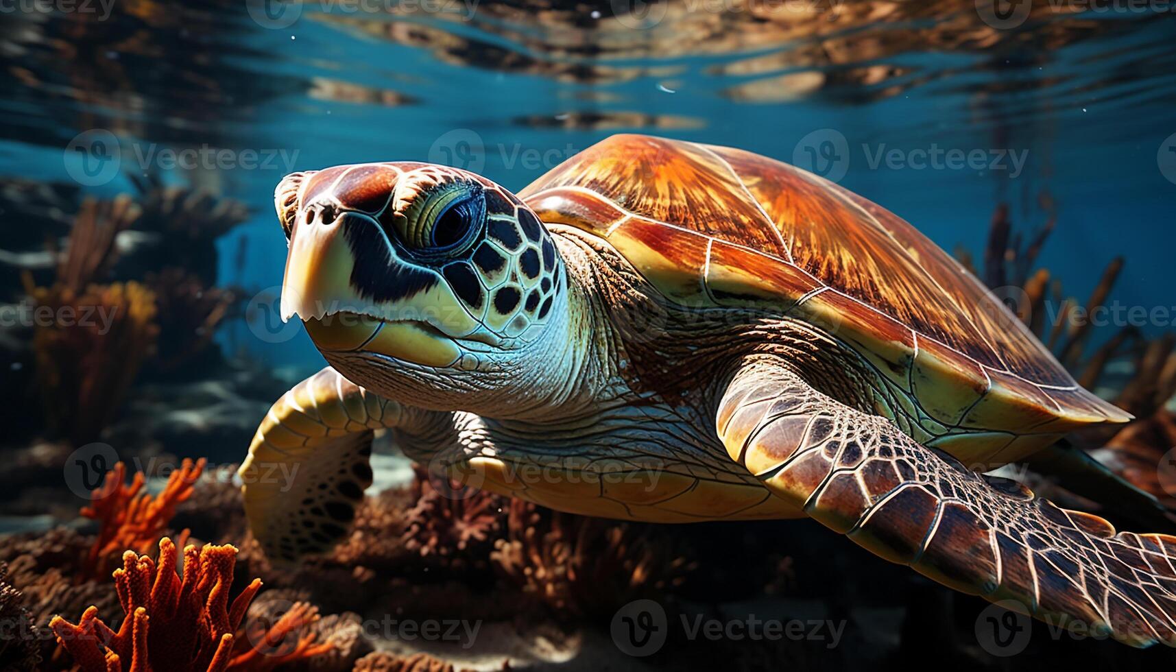 ai generado tropical Tortuga nadando en azul mar, un hermosa visión generado por ai foto