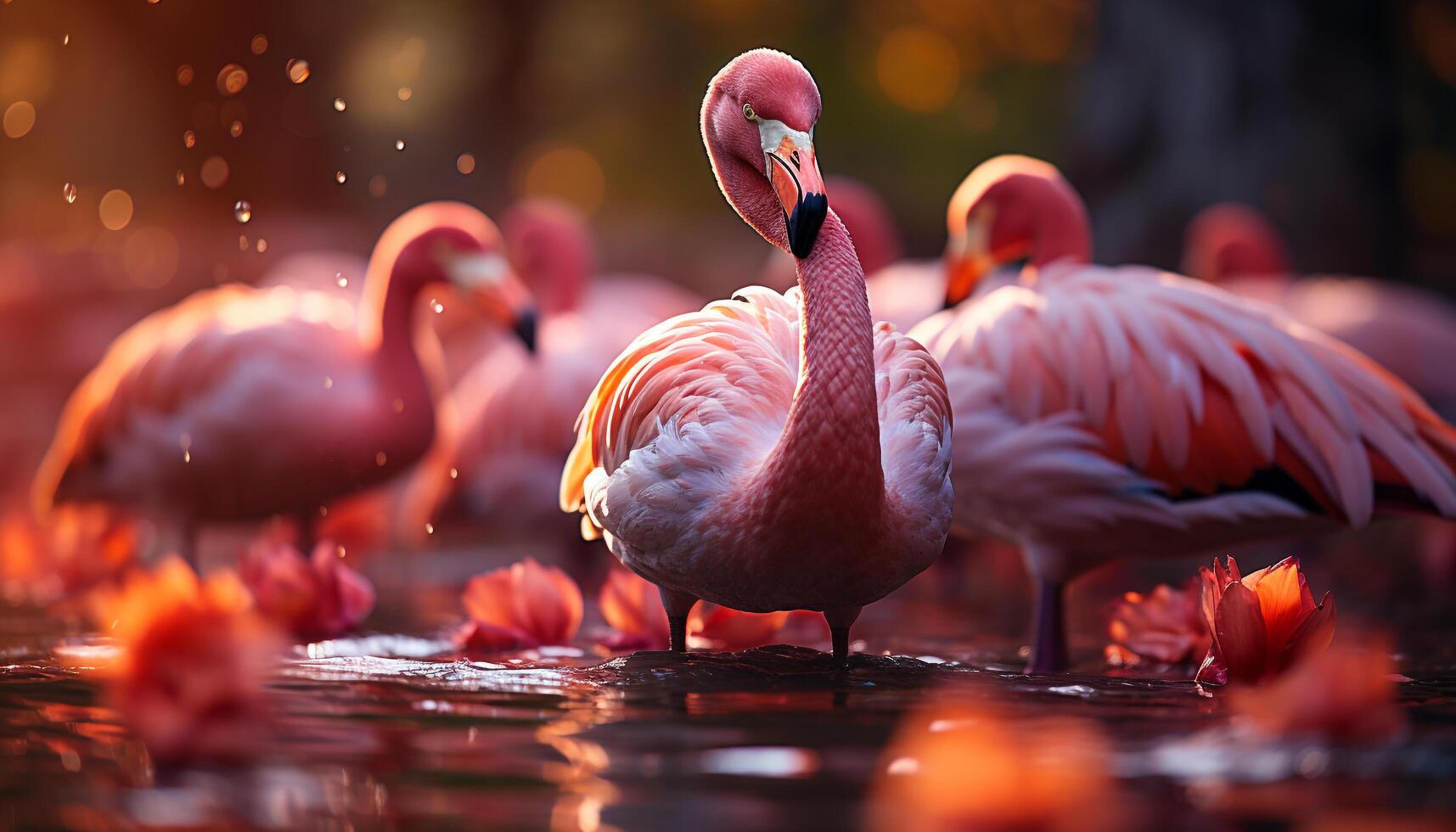 AI generated A vibrant group of birds wading in a tranquil pond generated by AI photo