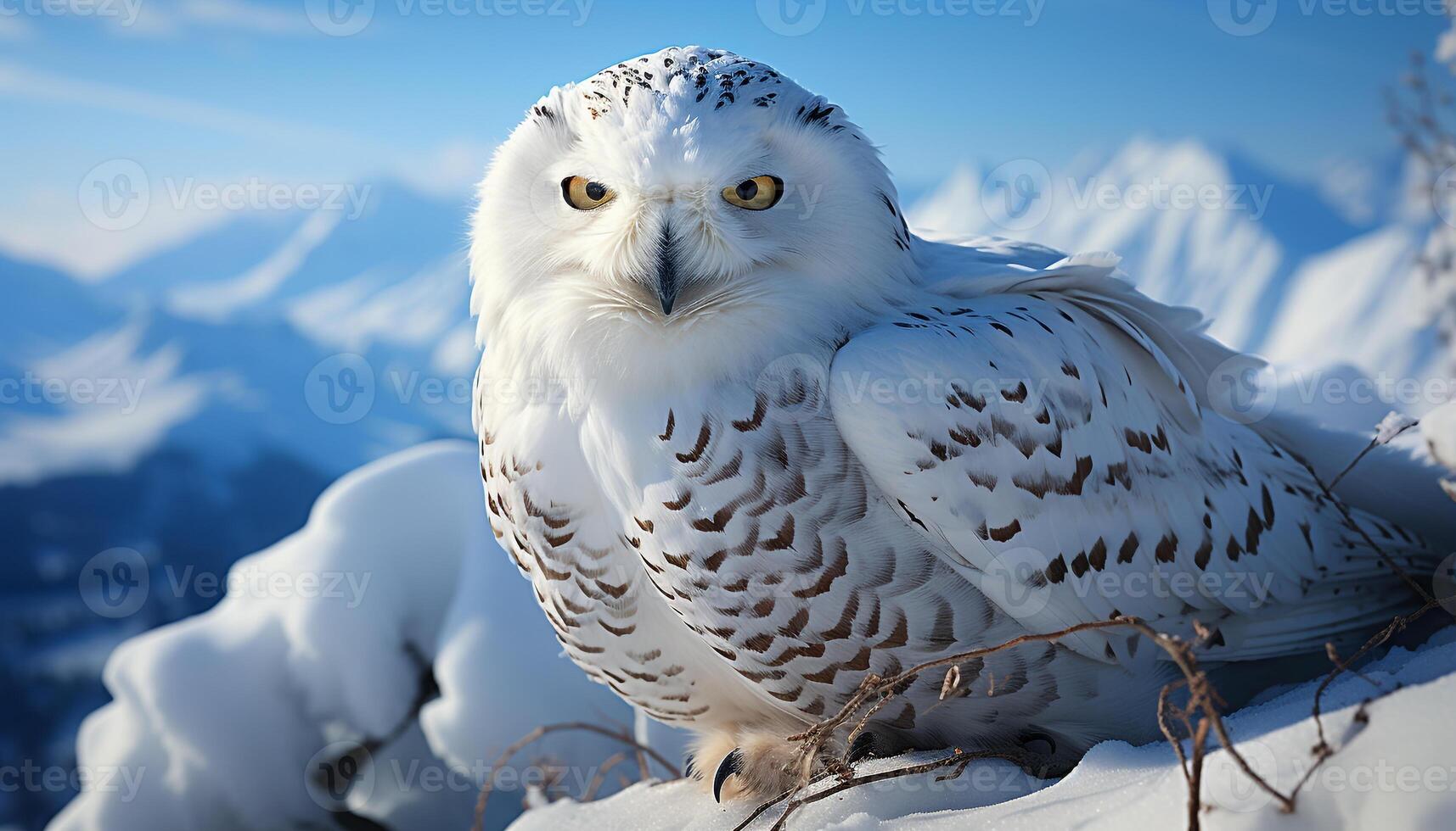 AI generated Snowy owl perching on branch, majestic beauty in nature generated by AI photo