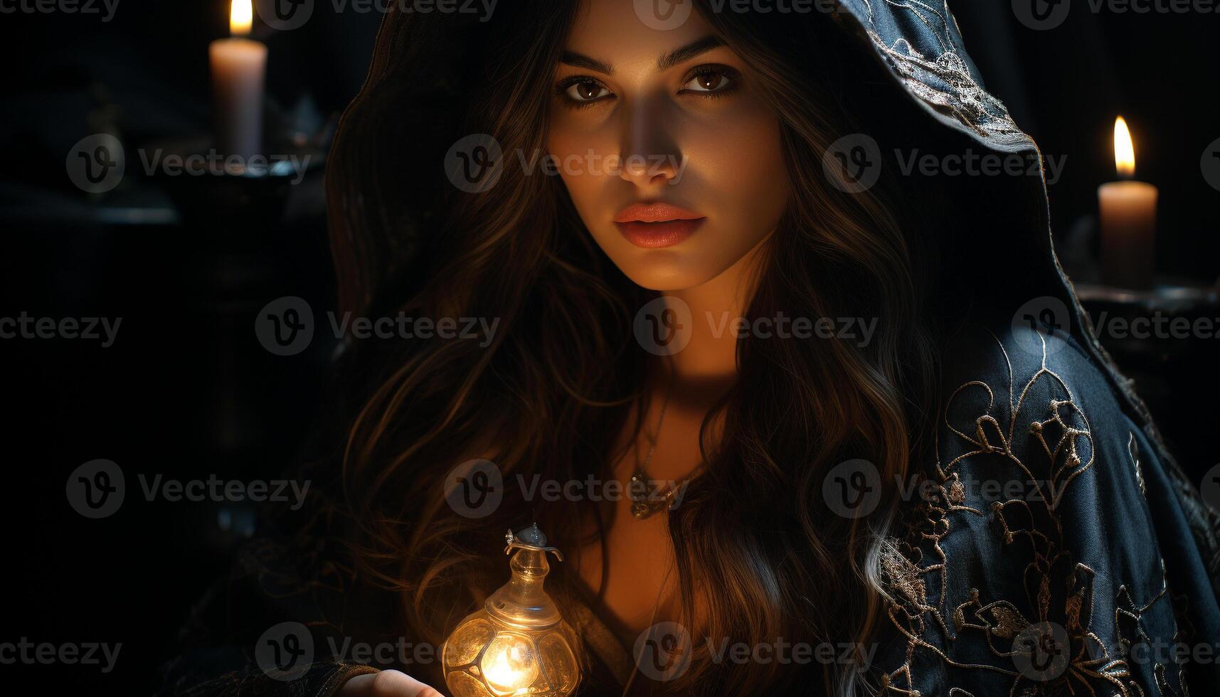 AI generated A beautiful young woman, elegance and sensuality illuminated by candlelight generated by AI photo