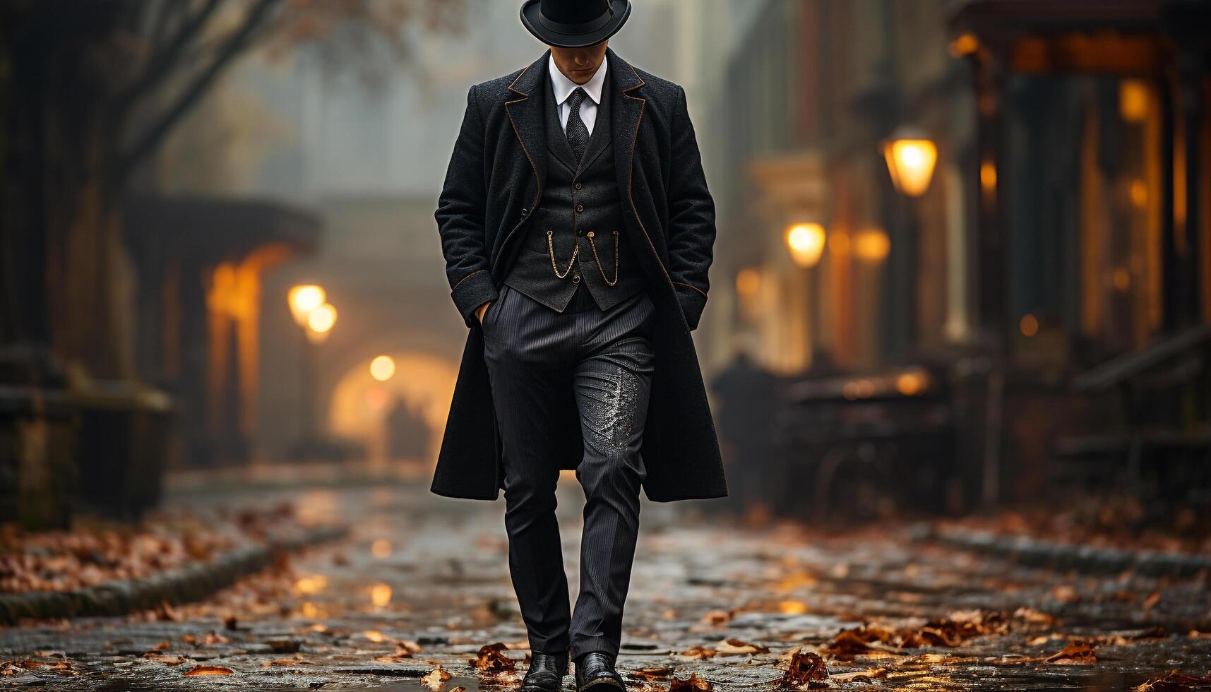 AI generated Confident businessman walking in the city, success in autumn night generated by AI photo