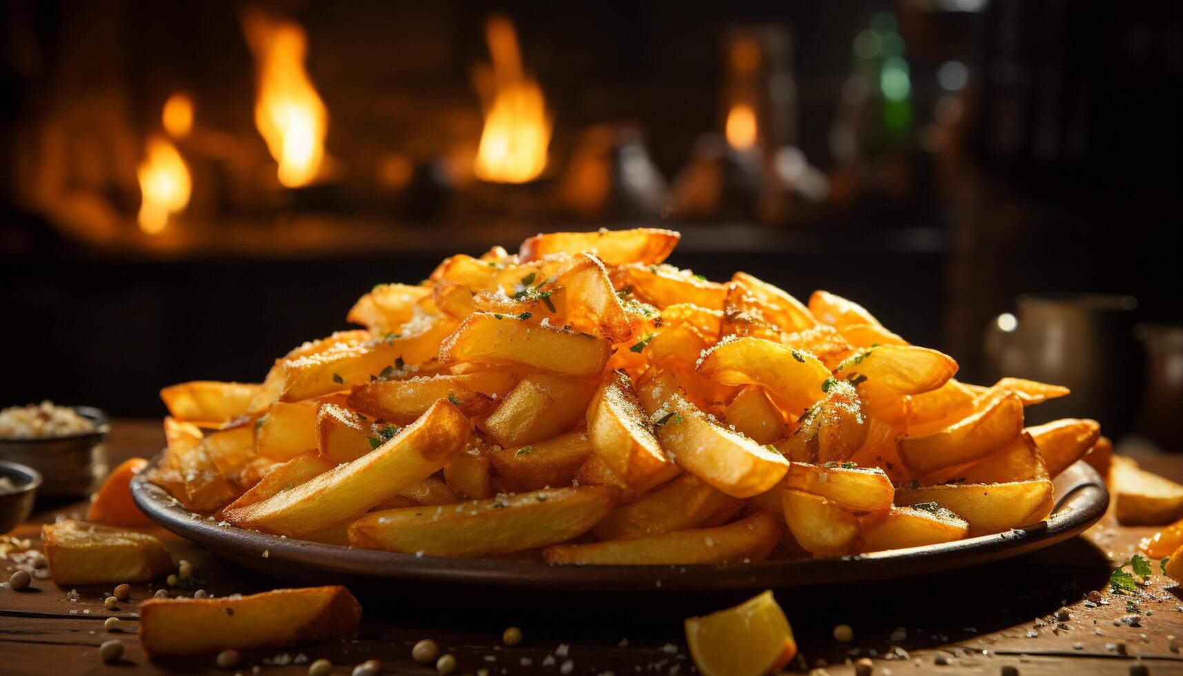 AI generated Freshness and heat create gourmet French fries on rustic table generated by AI photo