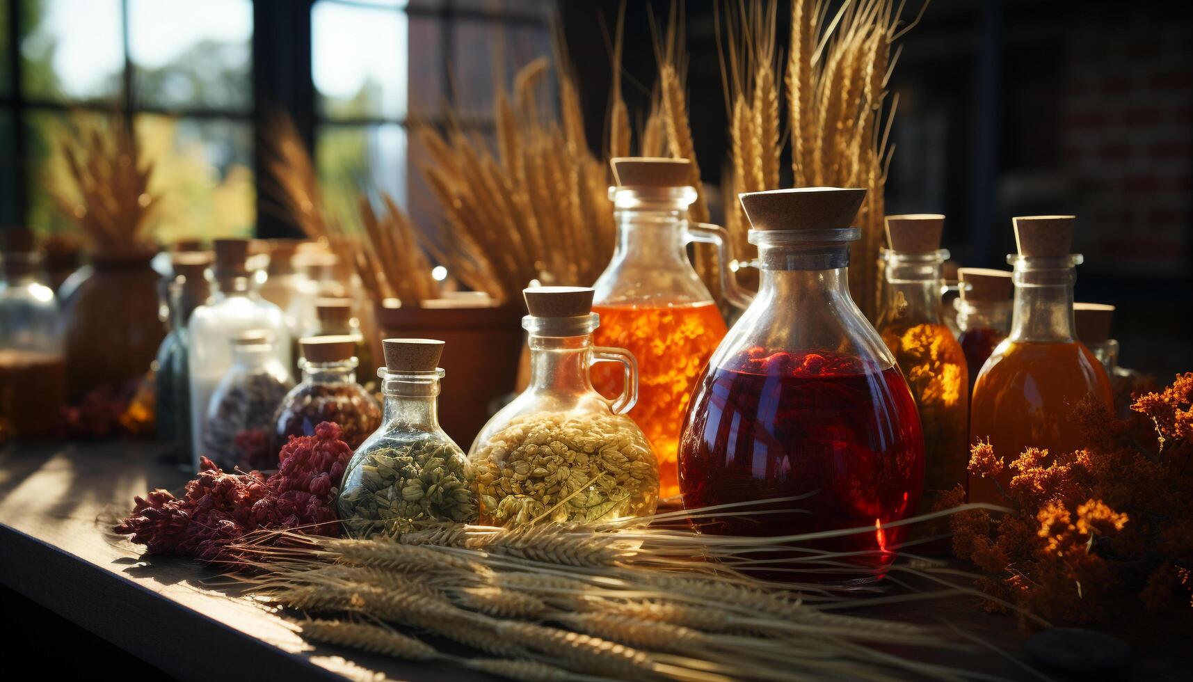 AI generated Fresh organic food and medicine collection on wooden table generated by AI photo